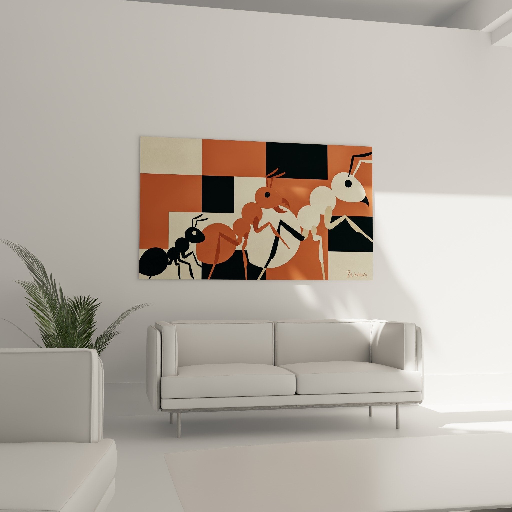 Stylized ants detail painting high contrast black terracotta cream modern graphic composition