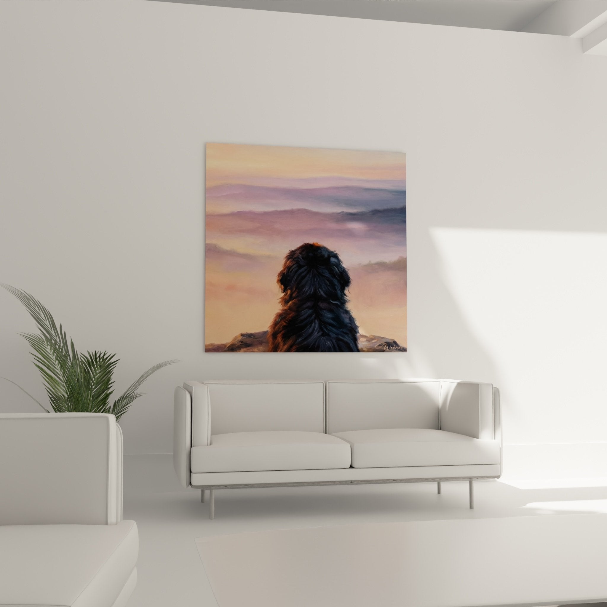 Close-up black dog fur textured painting dark shades contrasting soft twilight color palette background