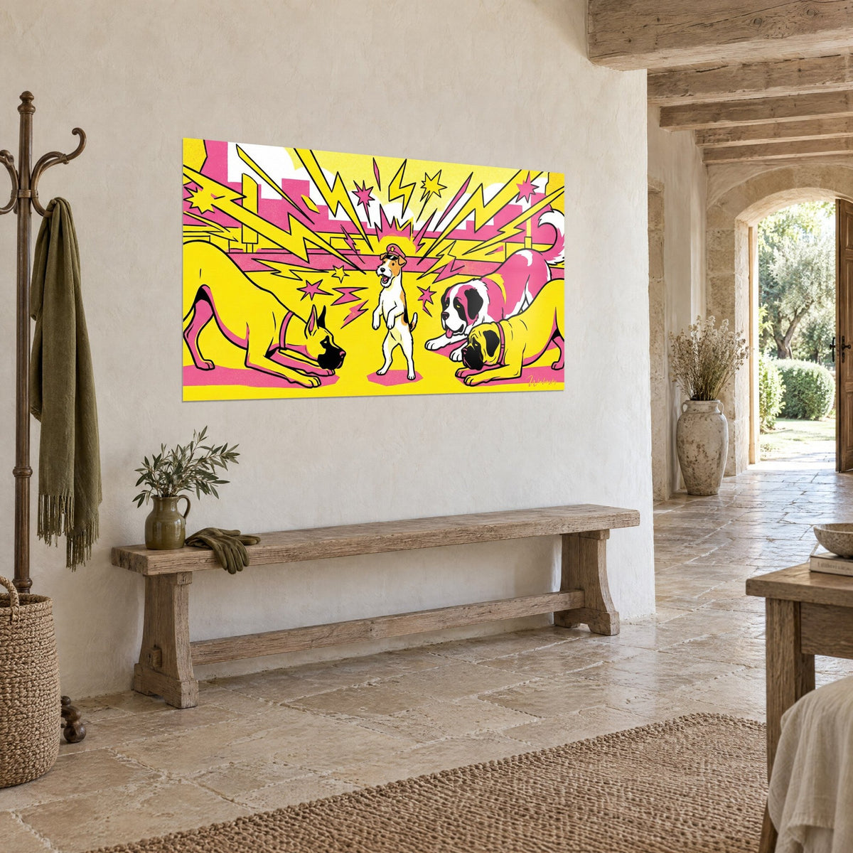 Tableau terrier moustachu debout face à un dogue et un saint-bernard rose, éclairs jaune vif, sur un mur en pierre claire