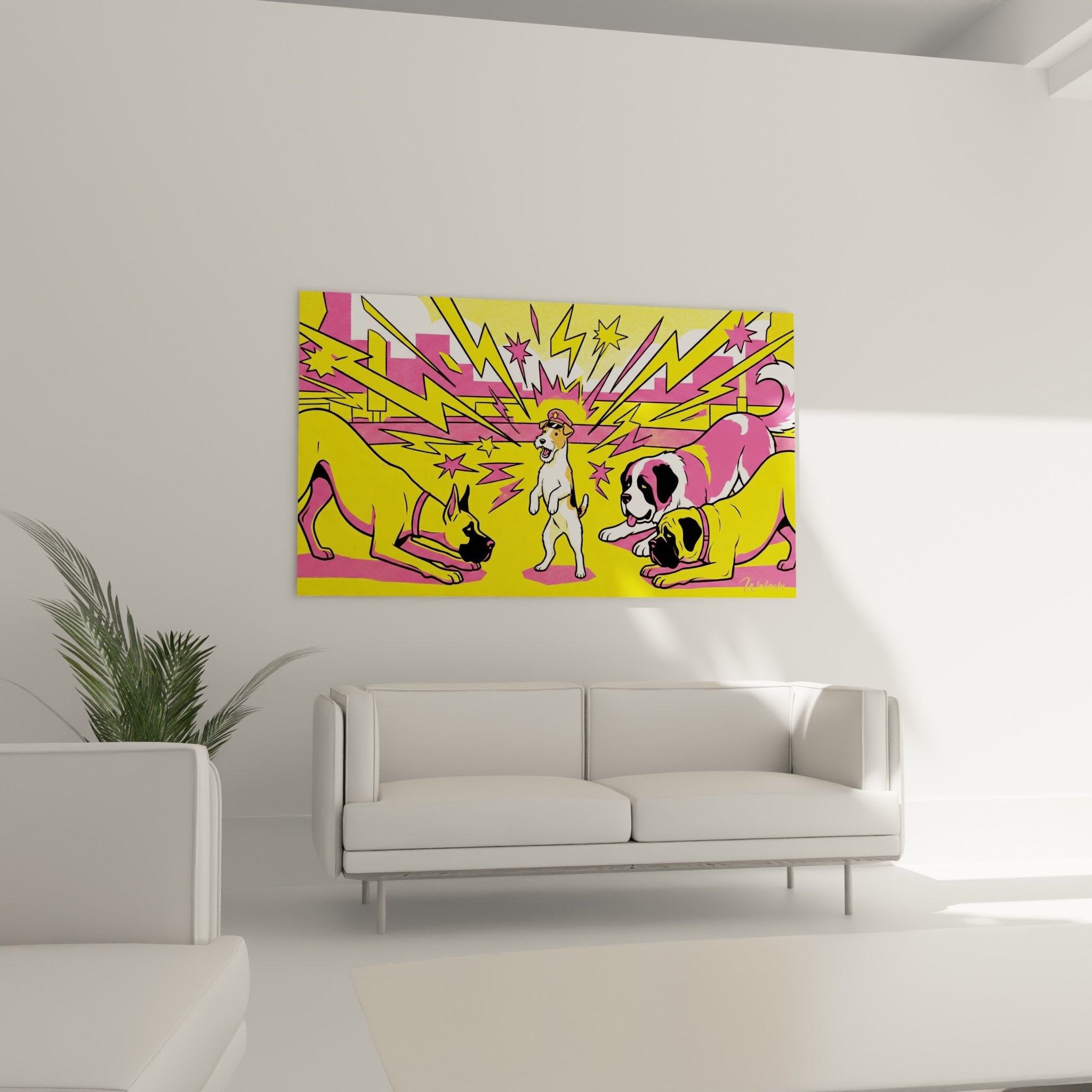 Détail Fox Terrier casquette rouge explosion graphique éclairs jaunes roses style comics