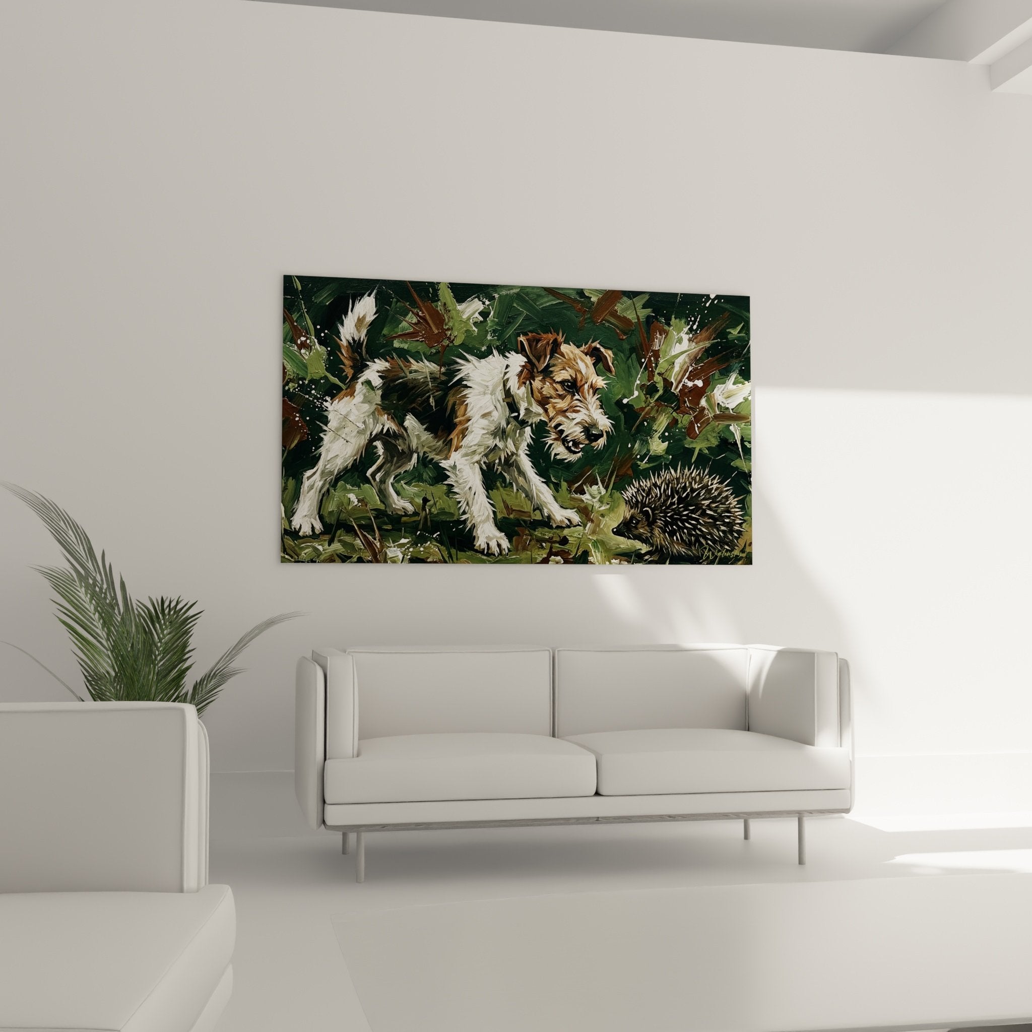 Détail peinture fox terrier expression curieuse, technique pinceau visible, fourrure texturée blanc fauve