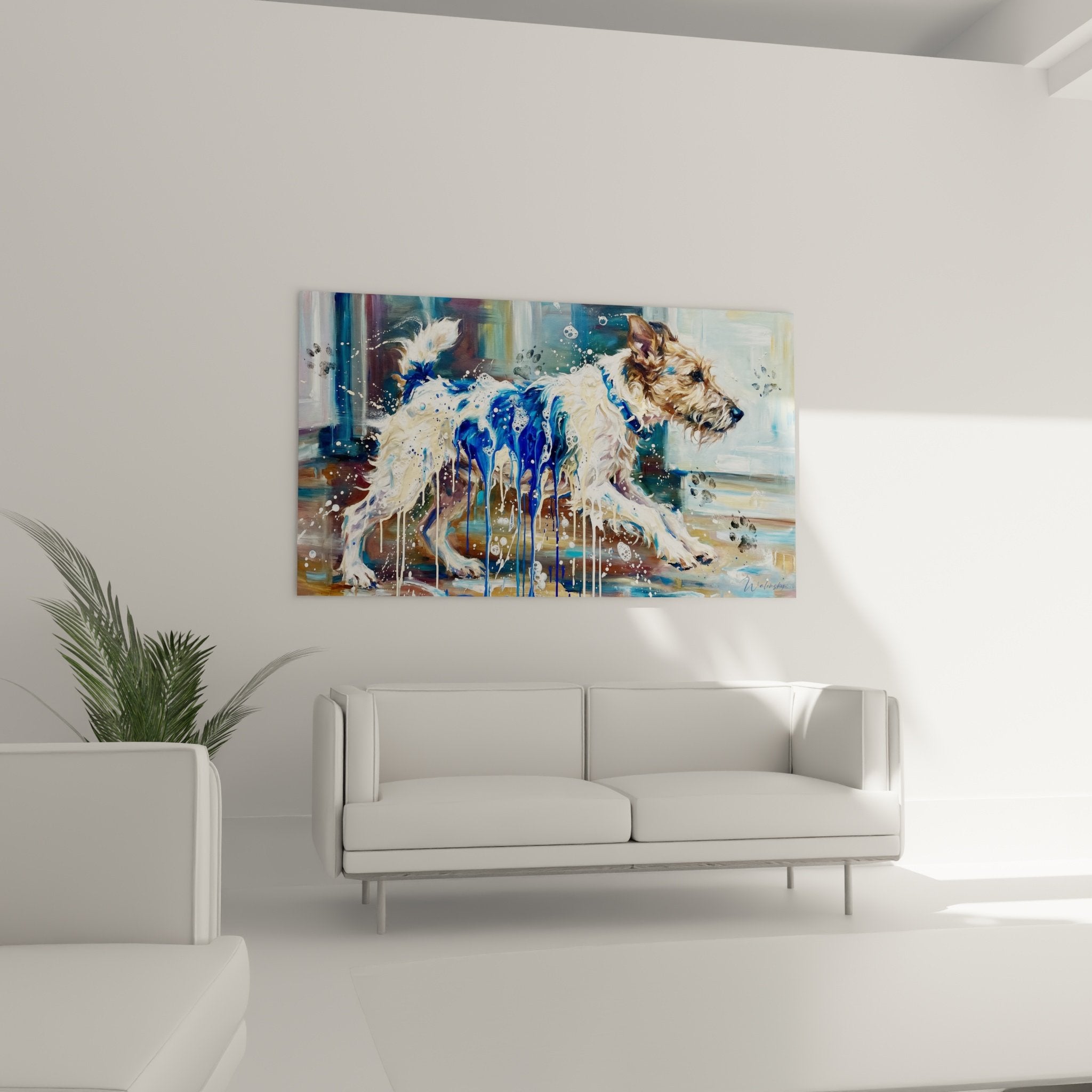 Détail fox terrier peinture éclaboussures bleues pelage crème art moderne