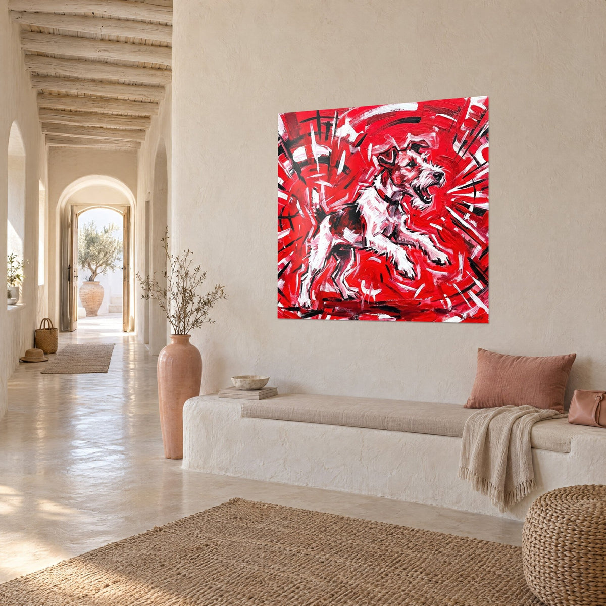 Wall art white dog with brown spots leaping in a swirl of red and black, arched hallway of a Mediterranean home