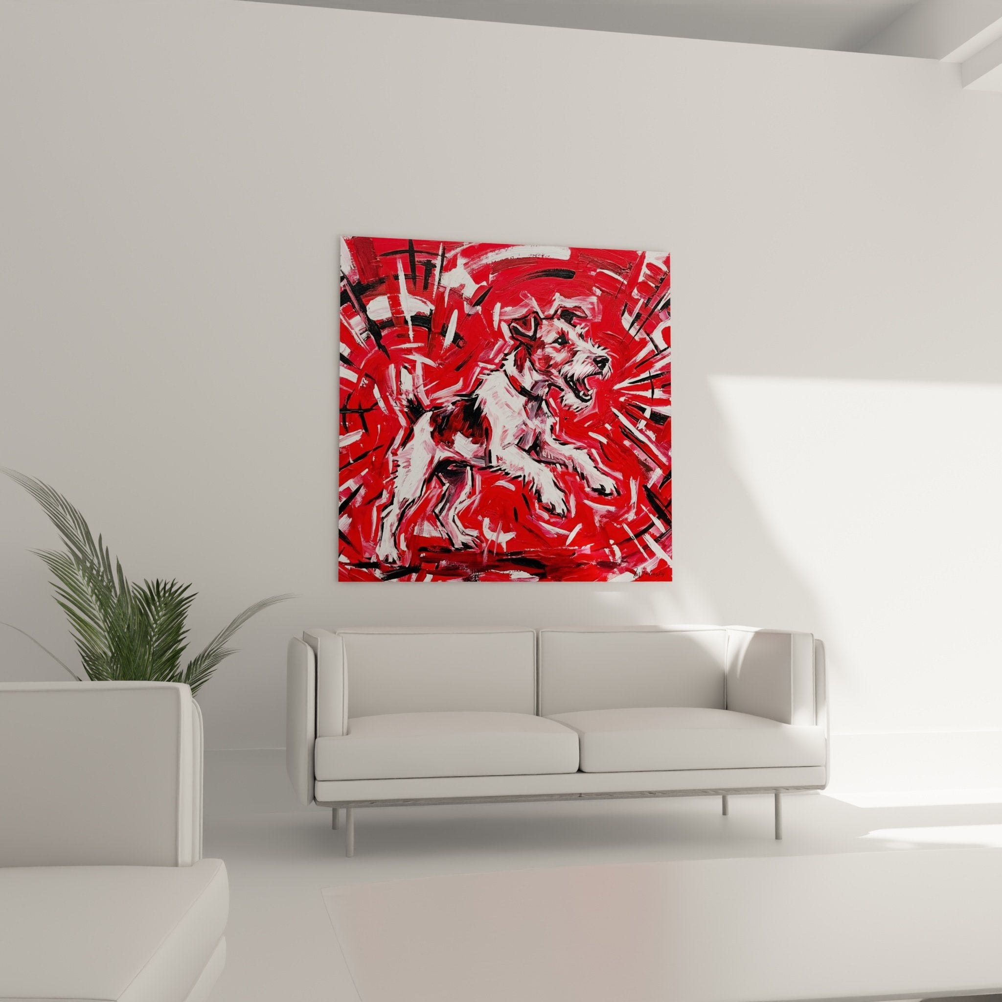 Détail tableau Fox Terrier expressionniste, texture peinture rouge vif et pelage blanc, technique picturale gestuelle