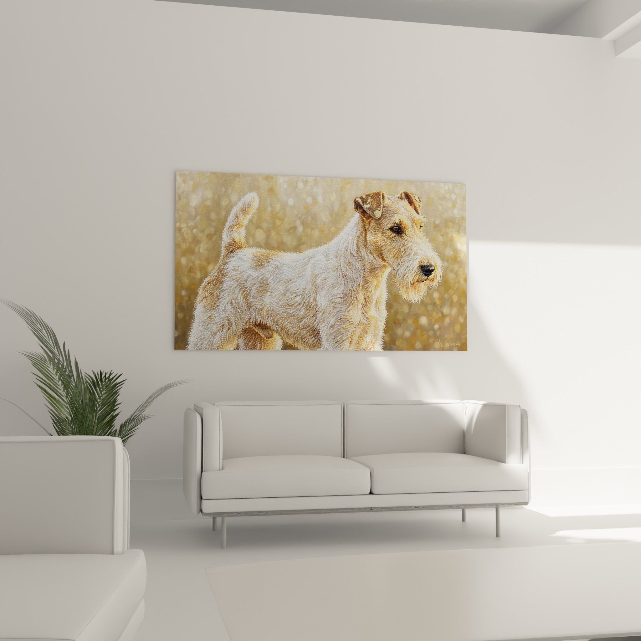 Détail portrait Fox Terrier, pelage blanc et doré, expression sereine et noble, technique picturale raffinée