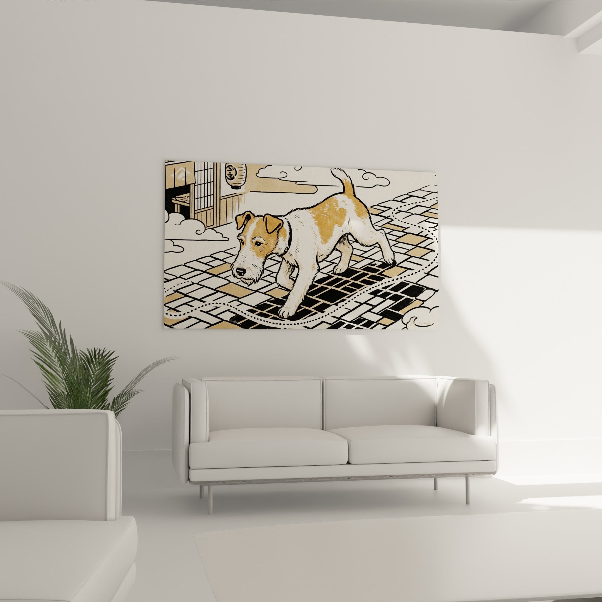 Detail pelage Fox Terrier blanc roux sur motifs carrelage geometriques beiges noirs contemporains