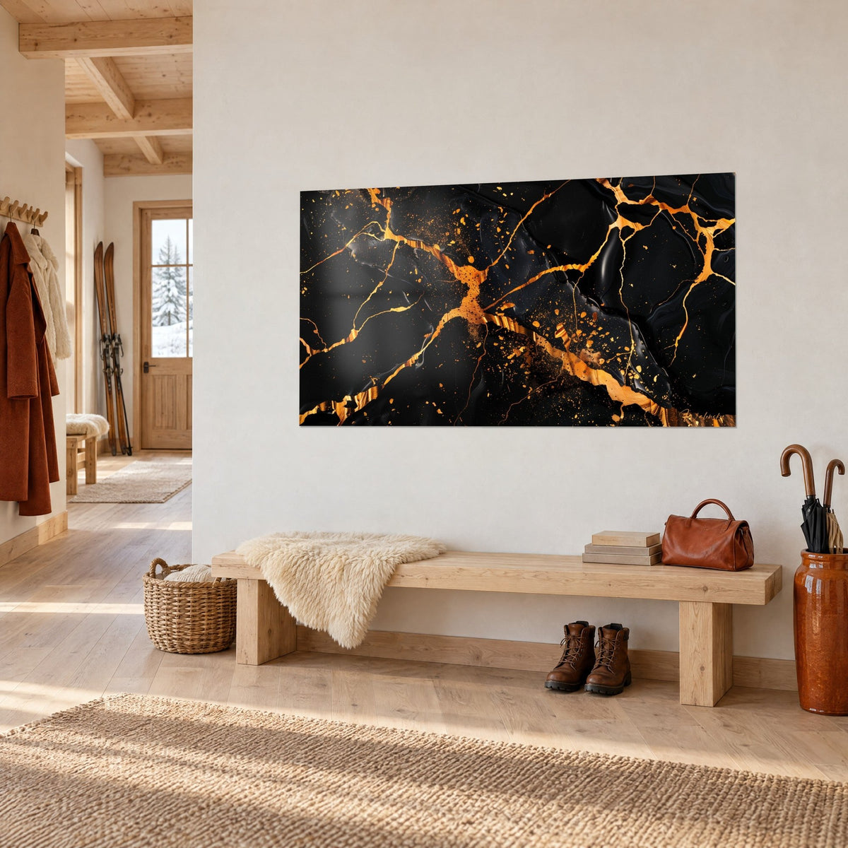 Tableau réseau de craquelures ambre sur noir profond, plaques lisses brillantes, accroché au-dessus d'un banc en bois d'entrée