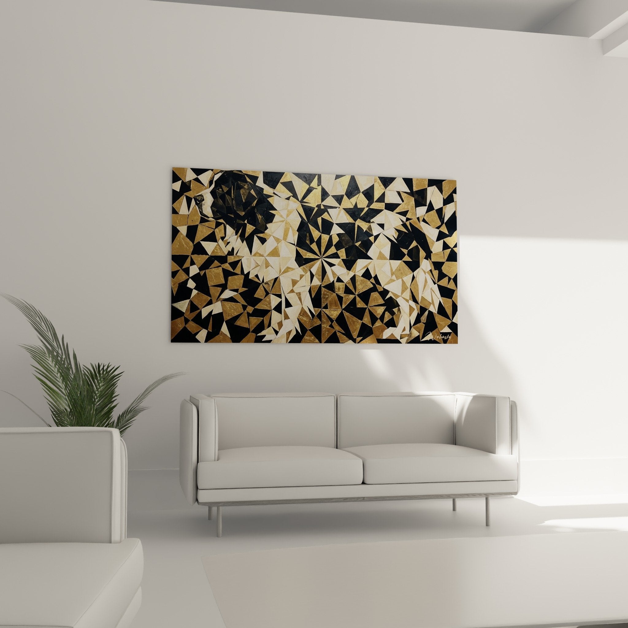 Détail rapproché des fragments dorés et noirs du tableau chien Landseer, technique géométrique