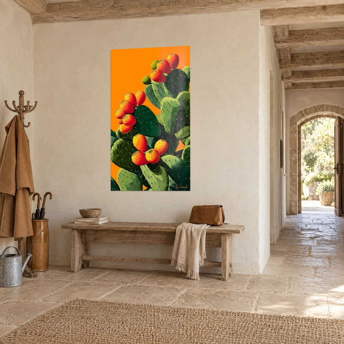 Tableau cactus en aplats cubistes, fruits écarlates et raquettes émeraude piquetées d'épines, couloir en pierre, maison de campagne