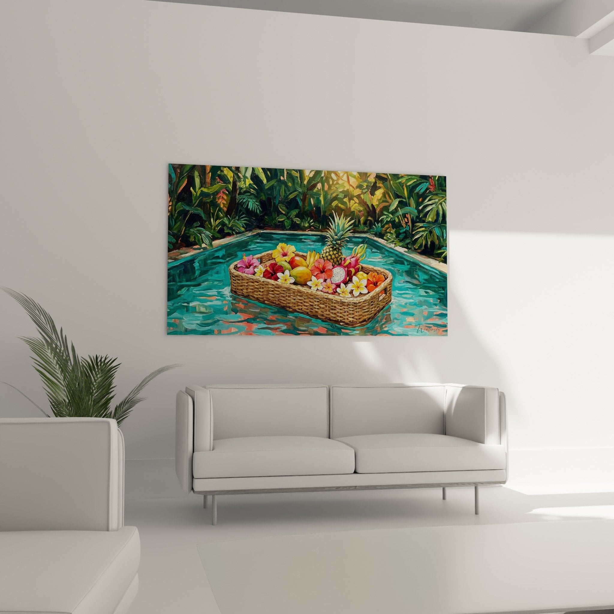 Detailansicht Weidenkorb Ananas Hibiskus Plumeria Drachenfrüchte lebendige Farben tropischer Bali-Stil
