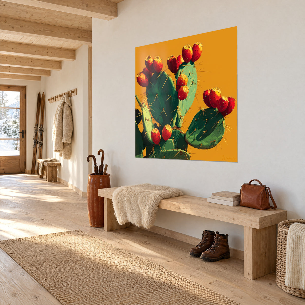 Wall art prickly pear cactus with scarlet and yellow figs, emerald-green pads against a mustard sky, in the entrance of a chalet