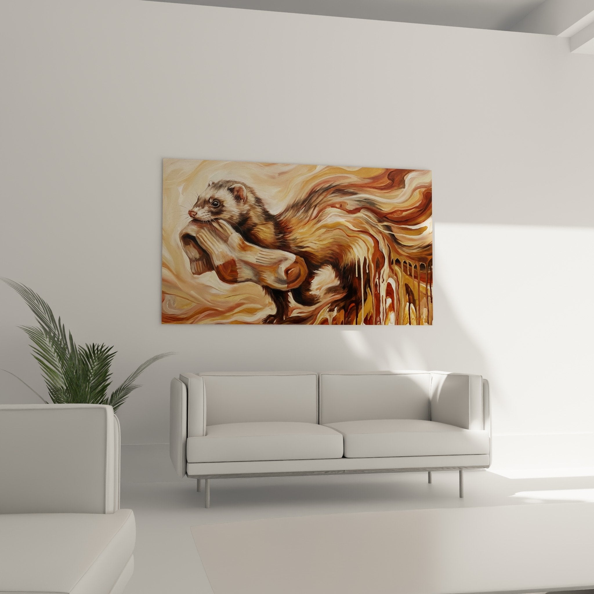 Detailliertes realistisches Frettchen mit goldenem Farbverlauf, moderne künstlerische Technik, natürliche Karamell-Töne