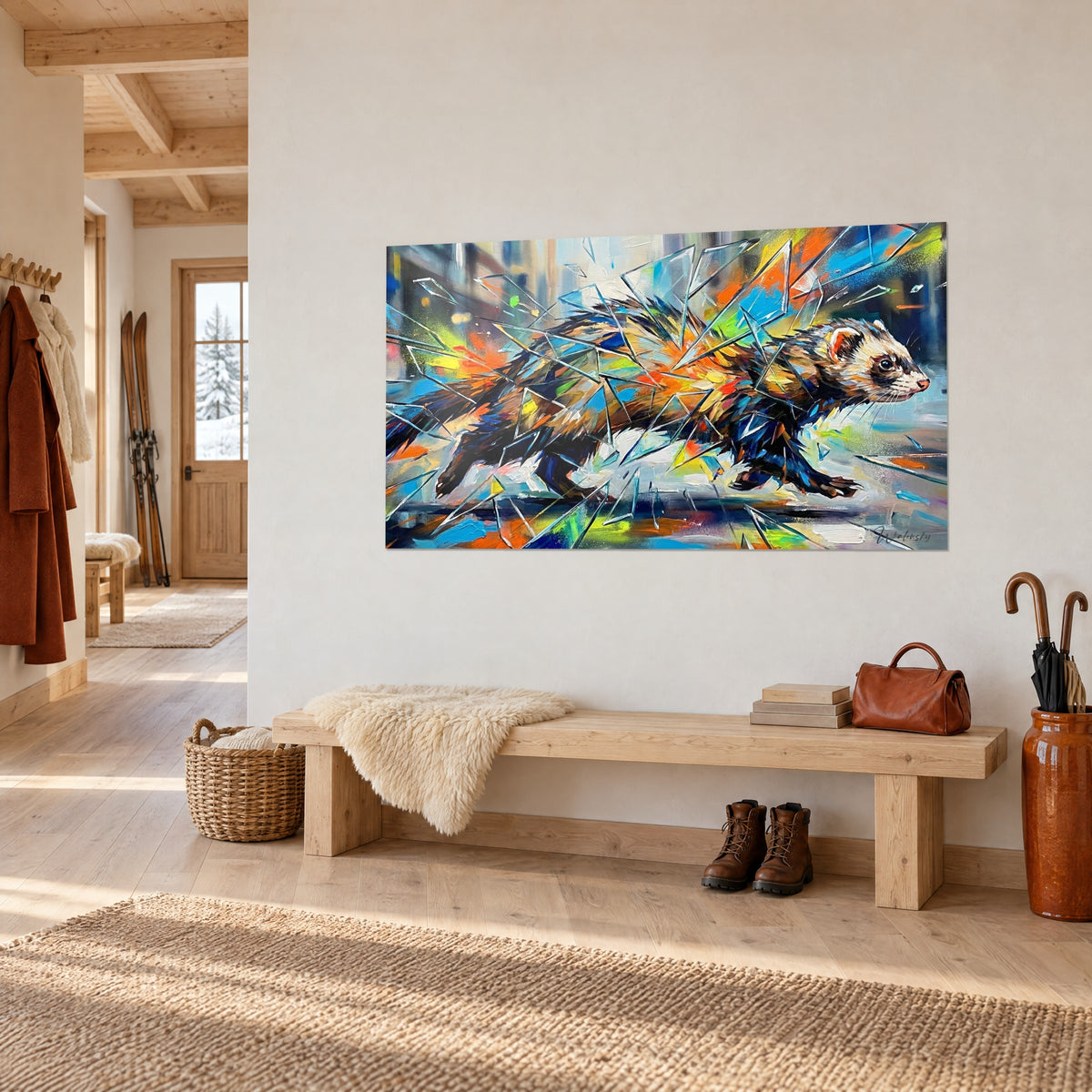 Quadro di un mustelide che balza, pelo marrone e crema tra frammenti turchesi, su un muro bianco sopra una panca di legno