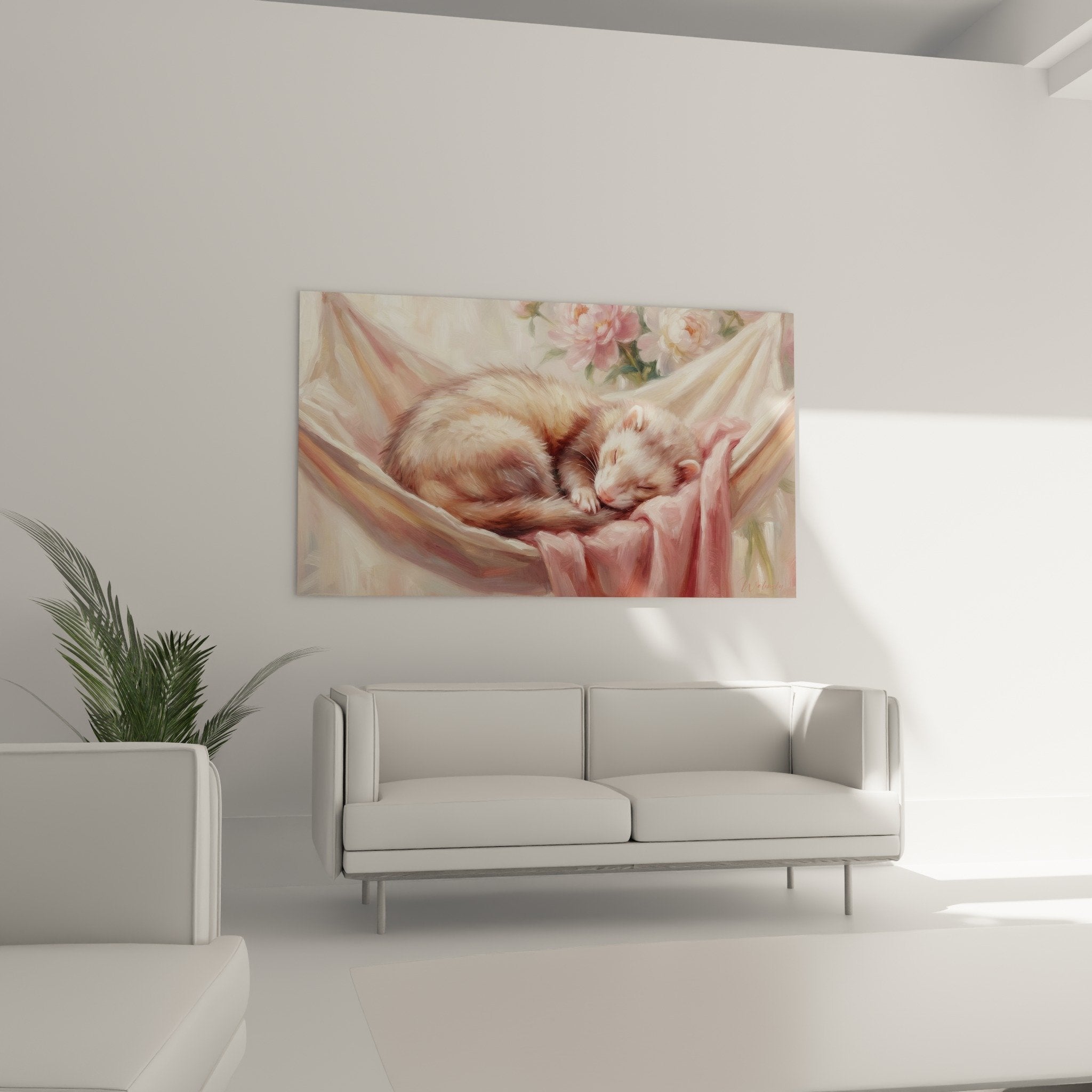 Detailmalerei Frettchen cremefarbenes Fell rosa Hängematte - sanfte impressionistische Technik