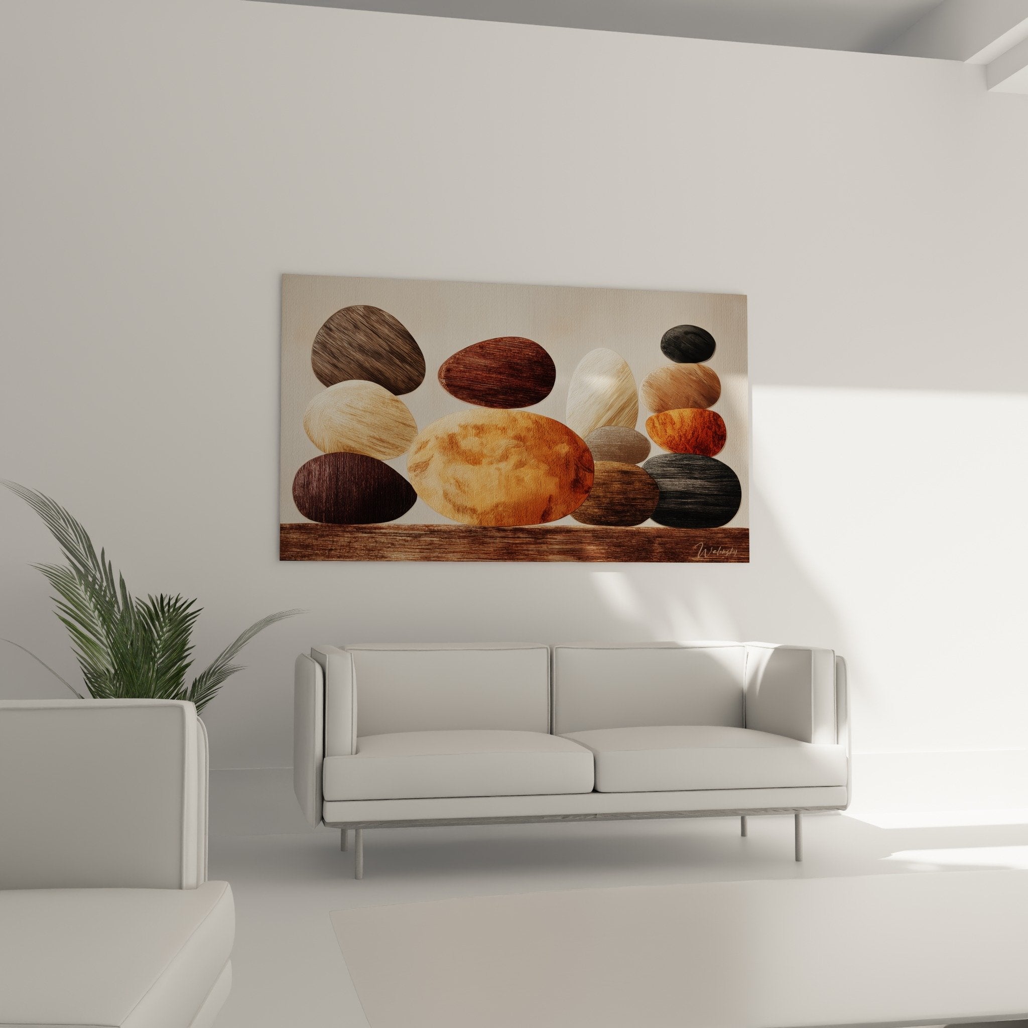 Detail wooden pebbles textured natural veins varied wood species zen artwork
