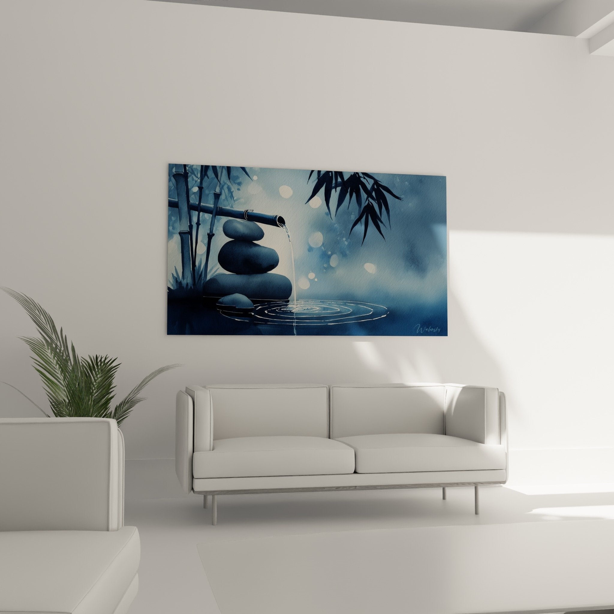 Detail galets empiles cascade eau bambou tableau bleu zen feng shui nord eau