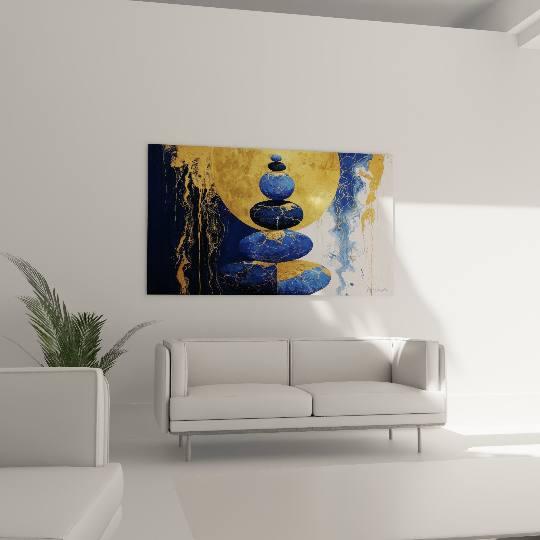 Detail galets bleus textures marbrees veines dorees composition artistique feng shui nord eau moderne