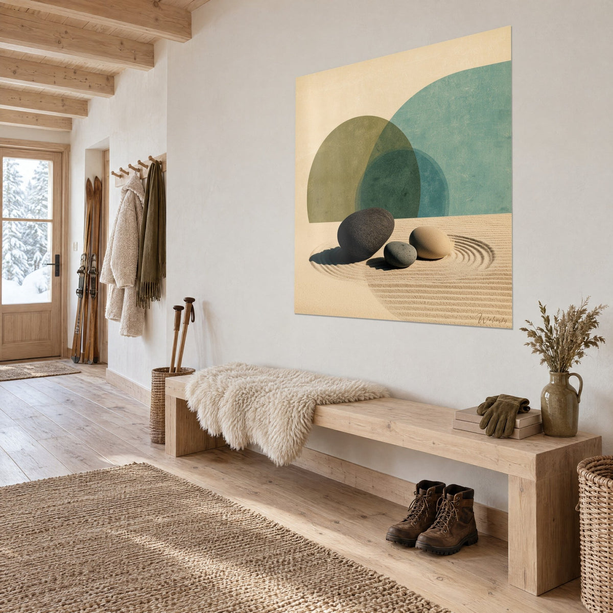 Tableau jardin zen minéral aux arcs vert olive et bleu turquoise, vu de trois-quarts au-dessus d'un banc en bois clair d'entrée