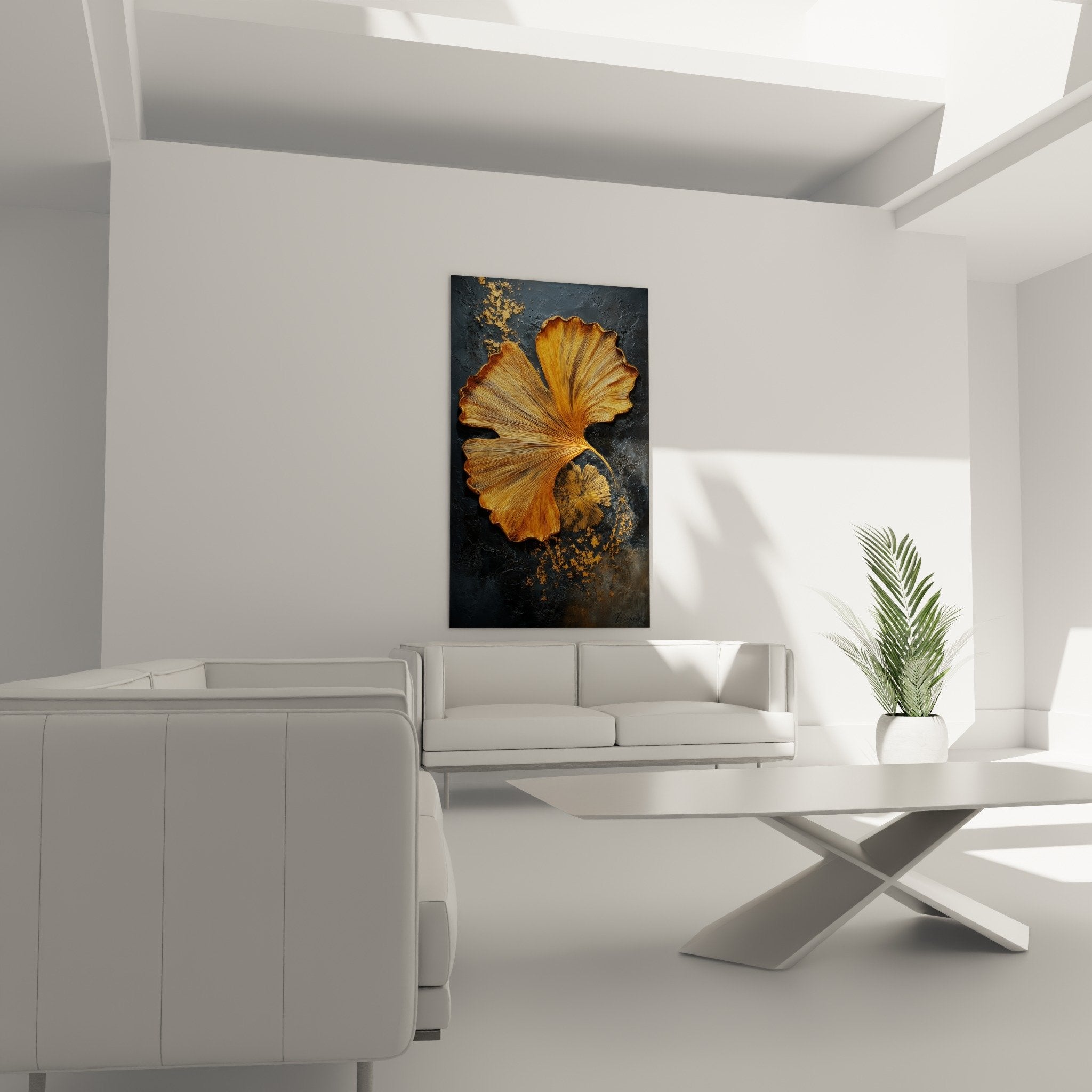 Detail gros plan nervures feuille ginkgo doree sculpte texture bleu ardoise feng shui centre terre