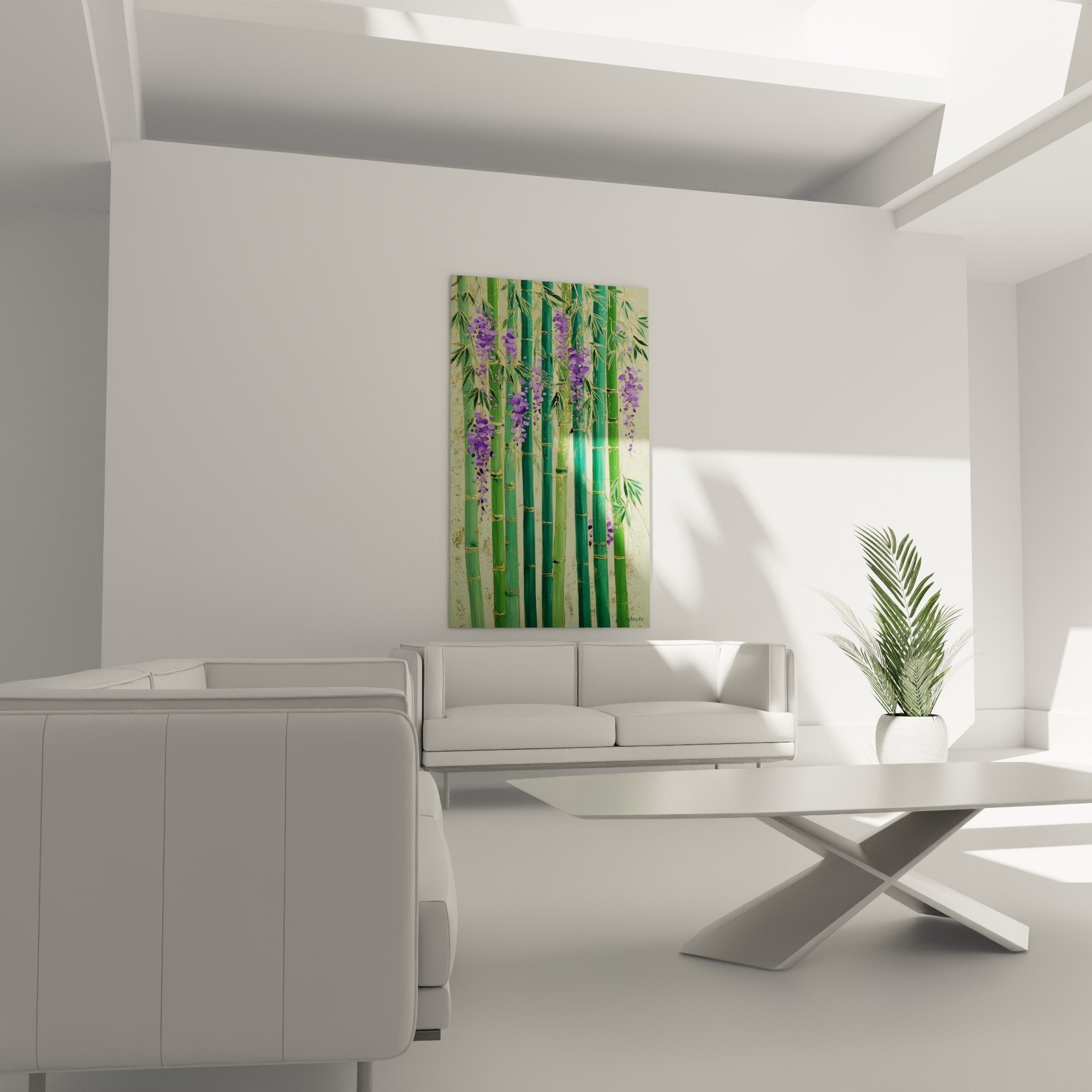 Detail purple wisteria clusters among green bamboo green botanical artistic painting texture