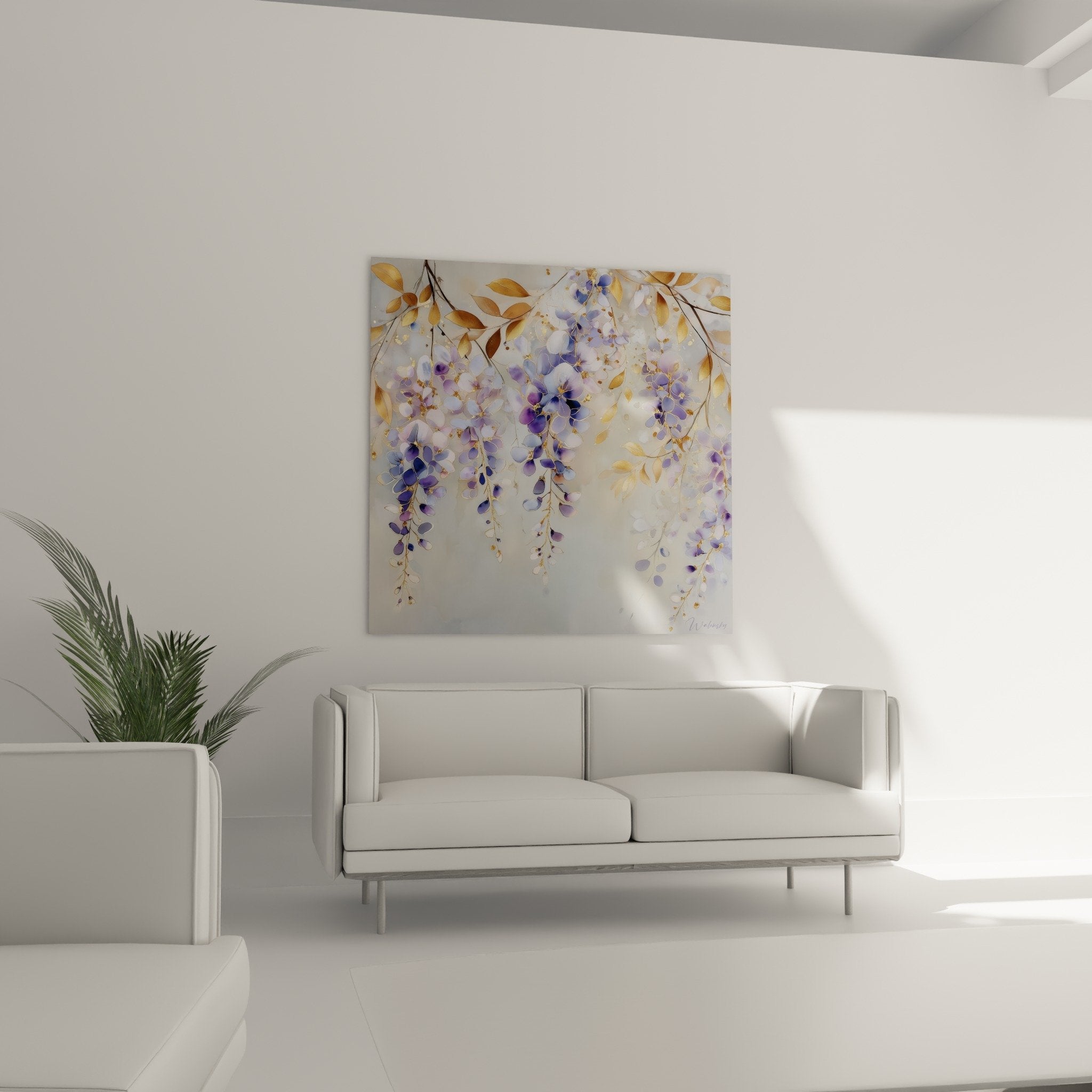 Close-up detail of purple flowers and golden reflections wisteria feng shui wall art