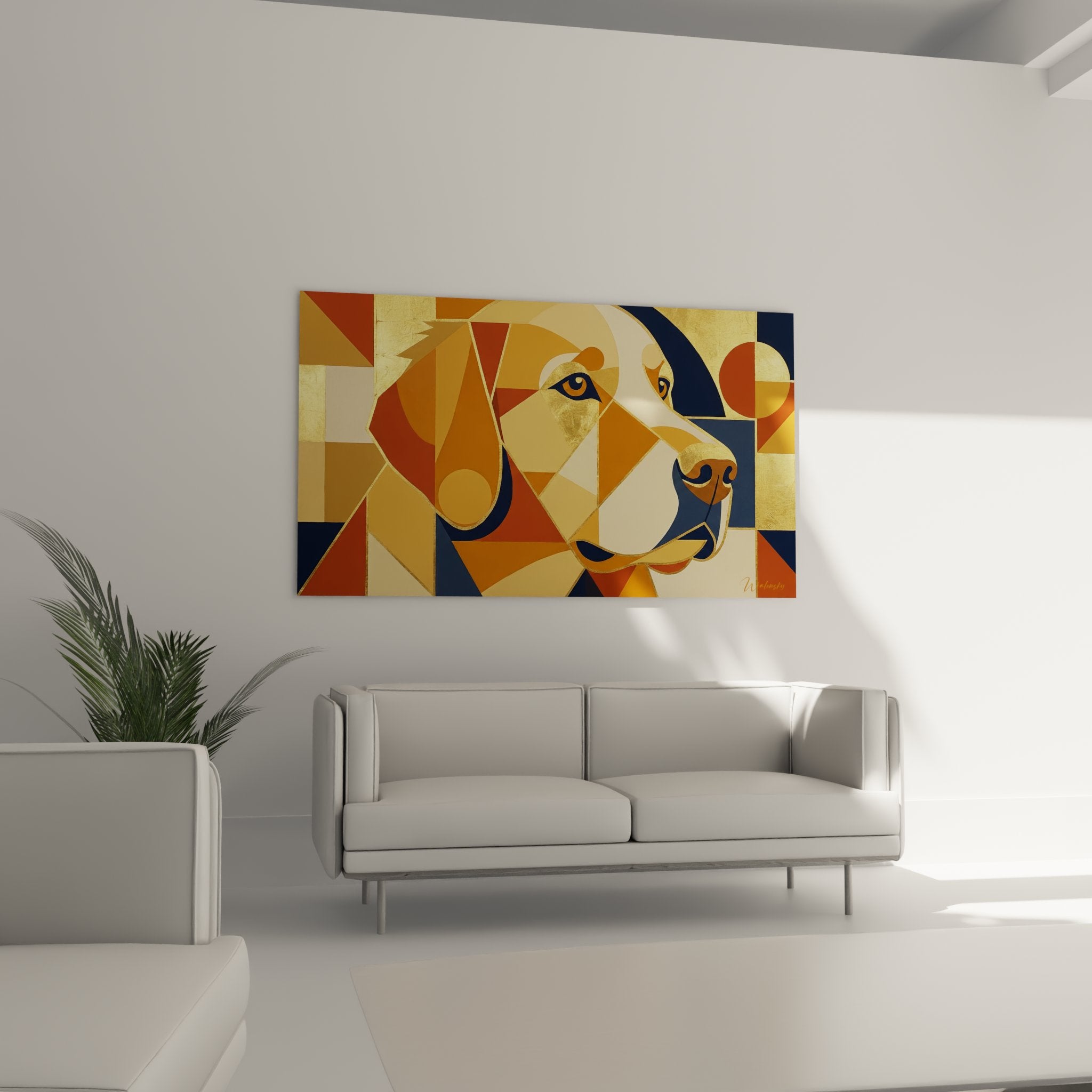 Detailporträt Golden Retriever Kubismus facettiert golden blau geometrische Texturen moderne Kunst