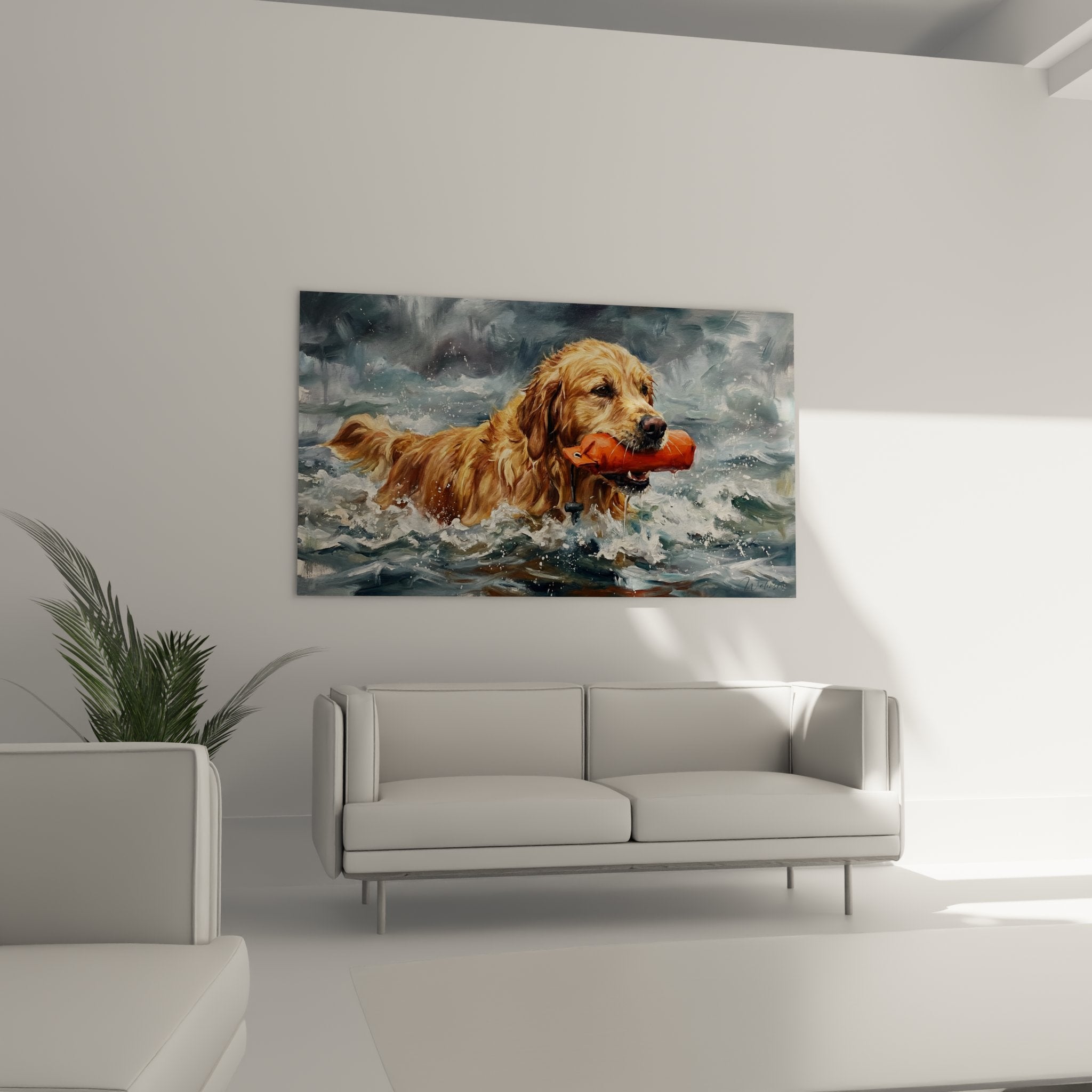 Golden retriever painting detail golden wet coat orange life buoy close-up artistic