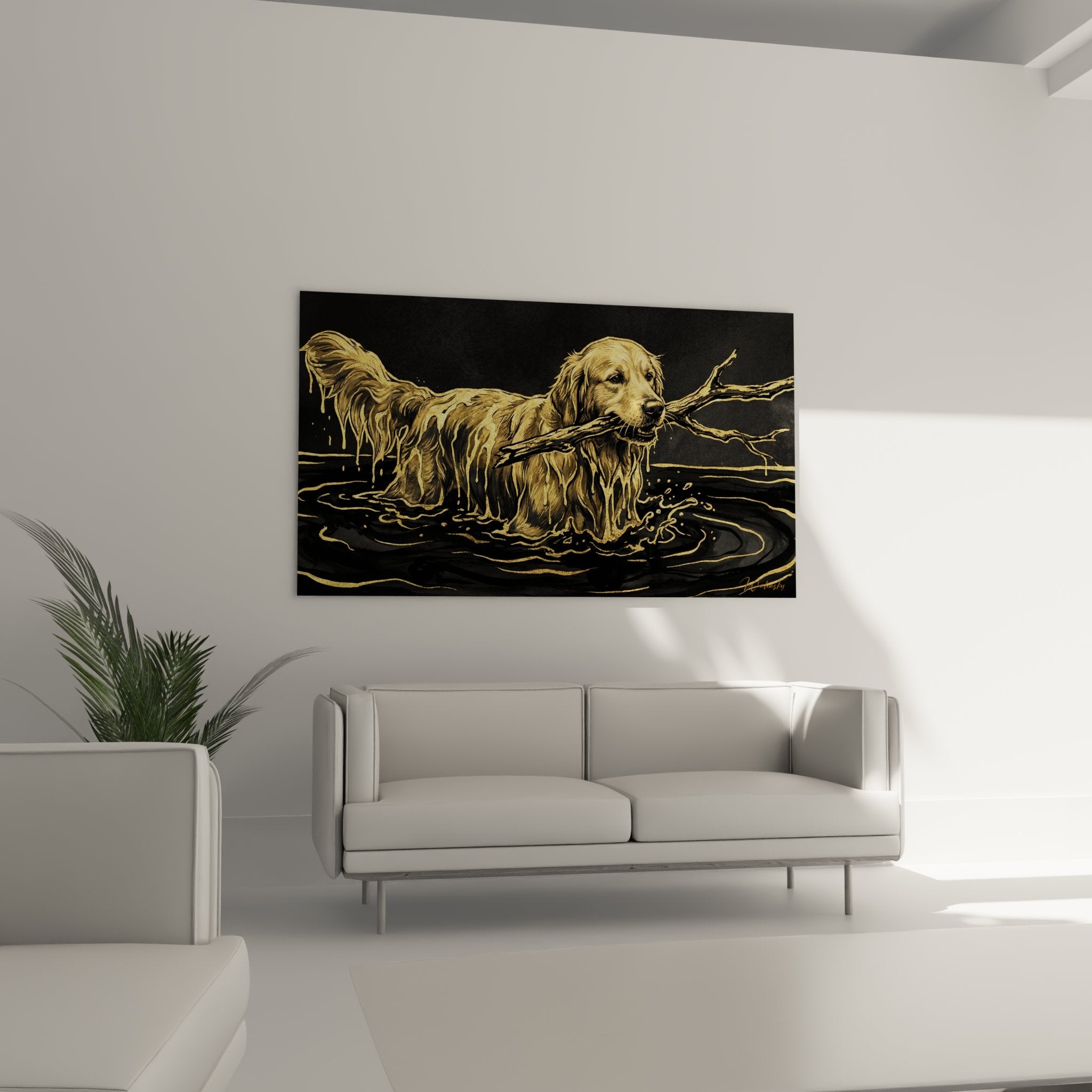 dettaglio golden retriever pelo dorato acqua nera schizzi artistici