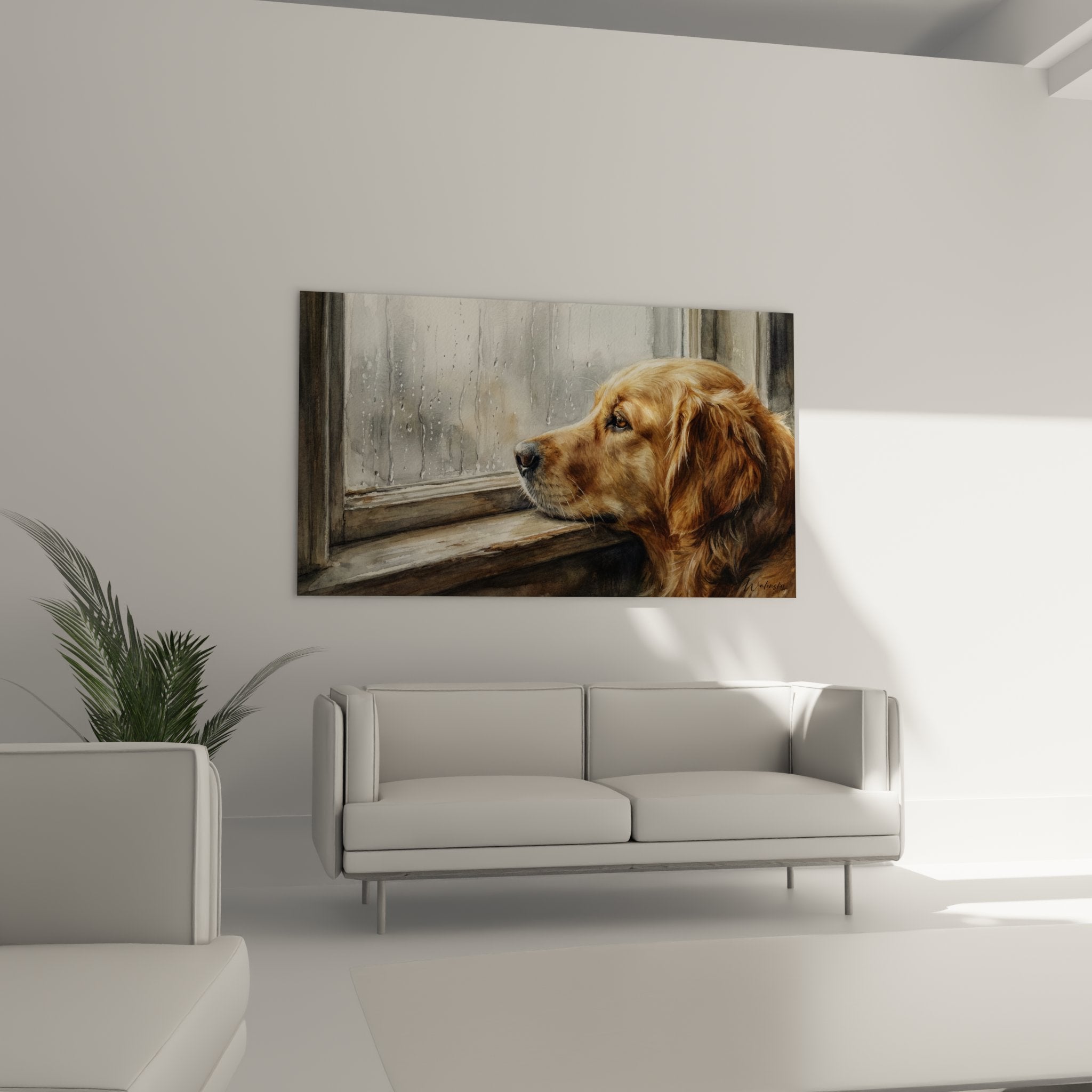 Nahaufnahme eines Golden Retrievers mit goldenem Fell, der durch ein Fenster mit Regentropfen schaut