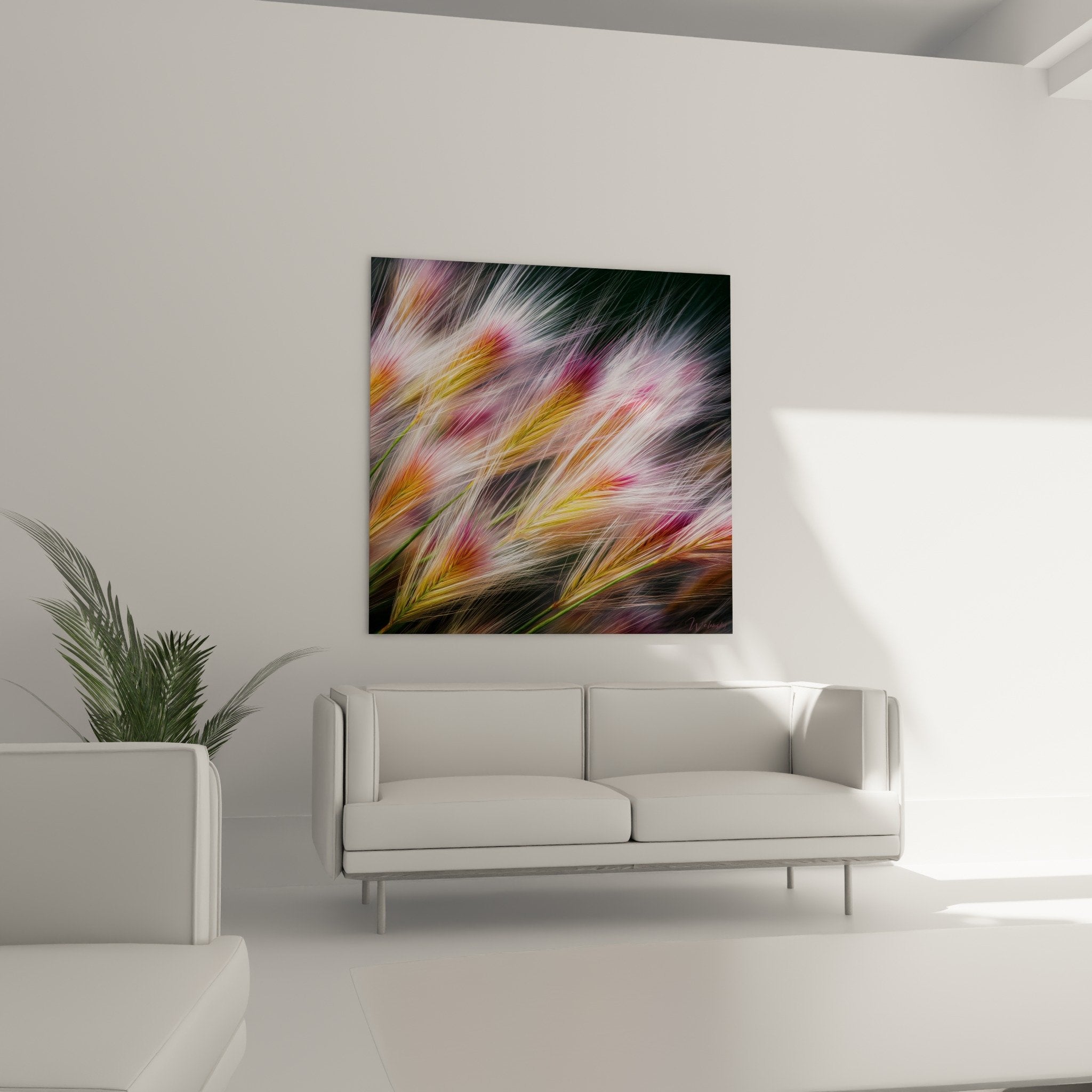 Détail tableau graminées filaments dorés texture fluide effet mouvement abstraction végétale lumineuse
