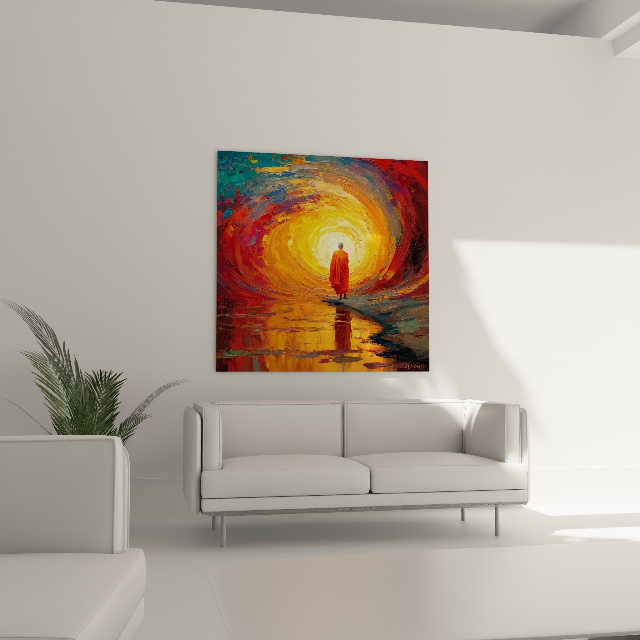 Détail peinture graminées abstraites coups pinceau expressifs orange doré turquoise texture épaisse dynamique