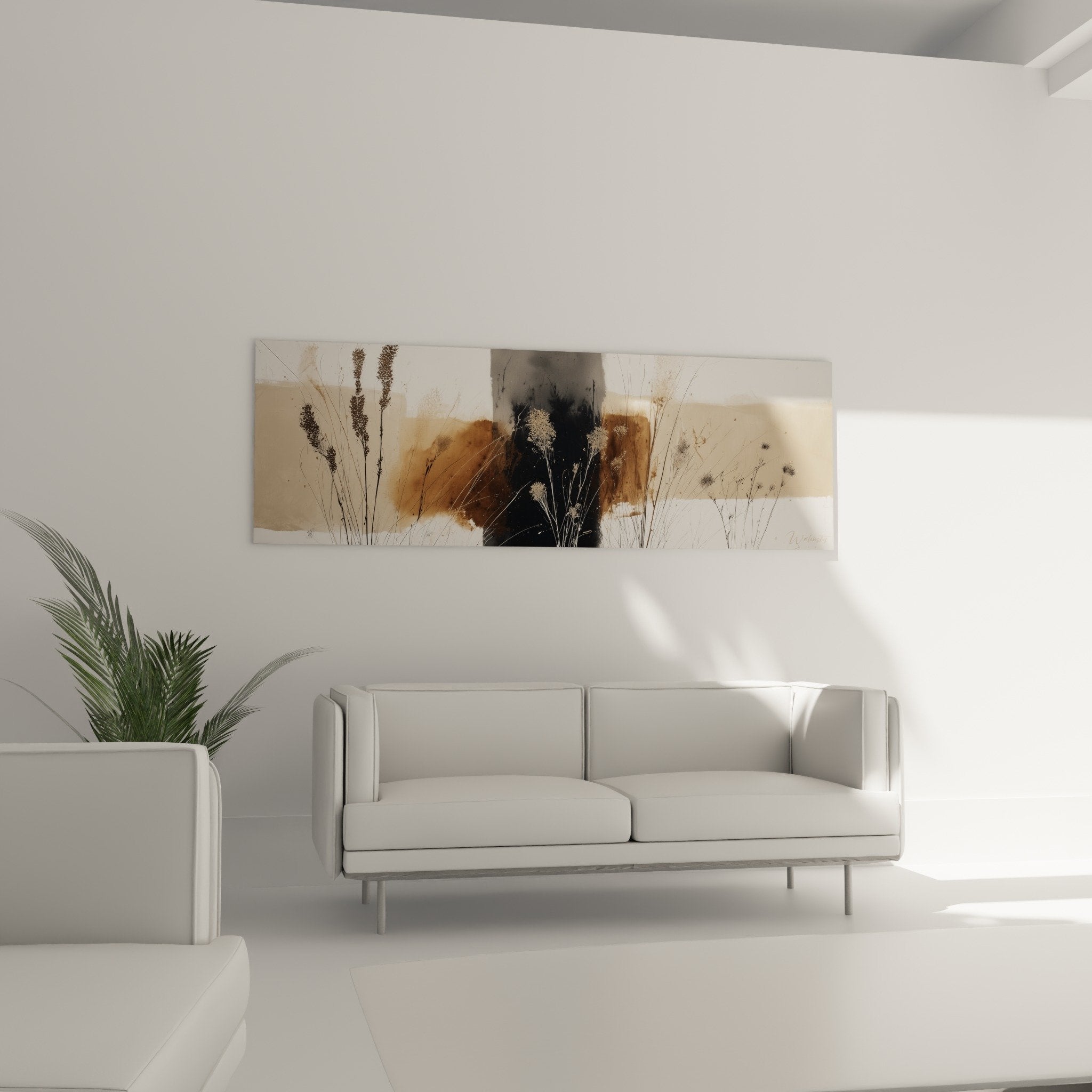 Détail tableau graminées silhouettes végétales dorées nuances ocre beige textures