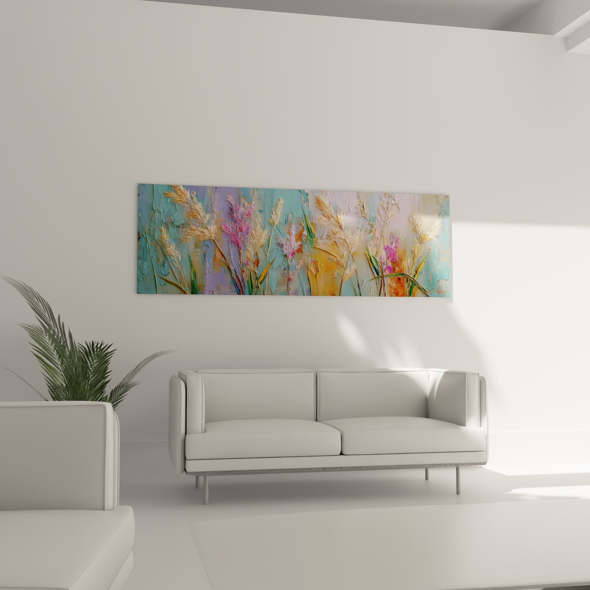 Détail tableau graminées texture peinture épaisse épis dorés plumes rose magenta nuances colorées