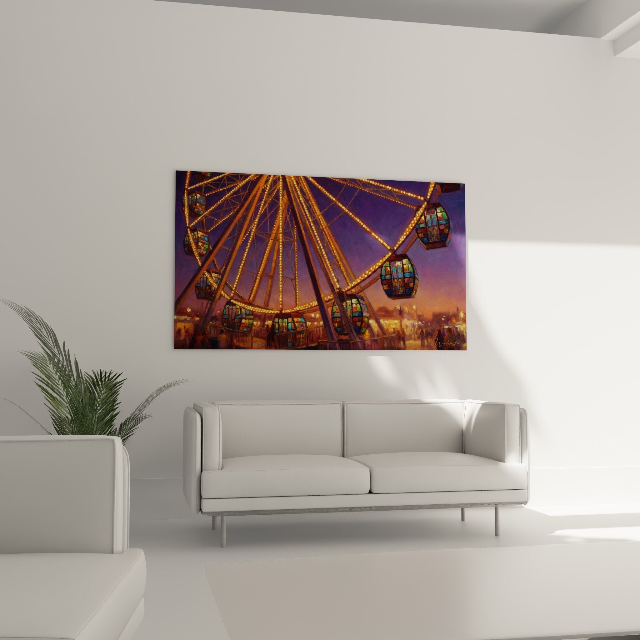 Detail tableau grande roue cabines colorees guirlandes lumineuses dorées art brooklyn