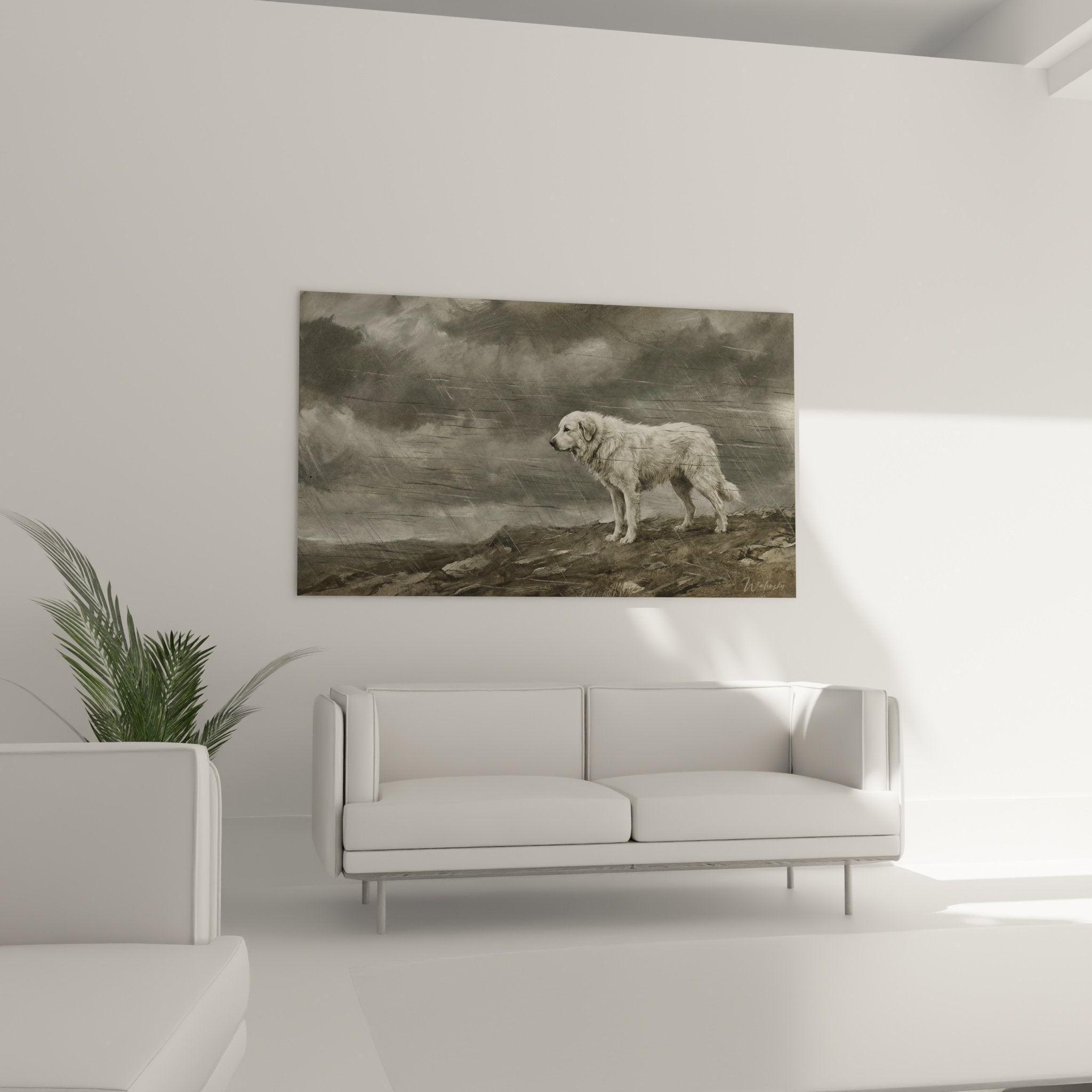 Détail tableau chien montagne tempête, technique gravure sépia, pelage blanc et nuages dramatiques