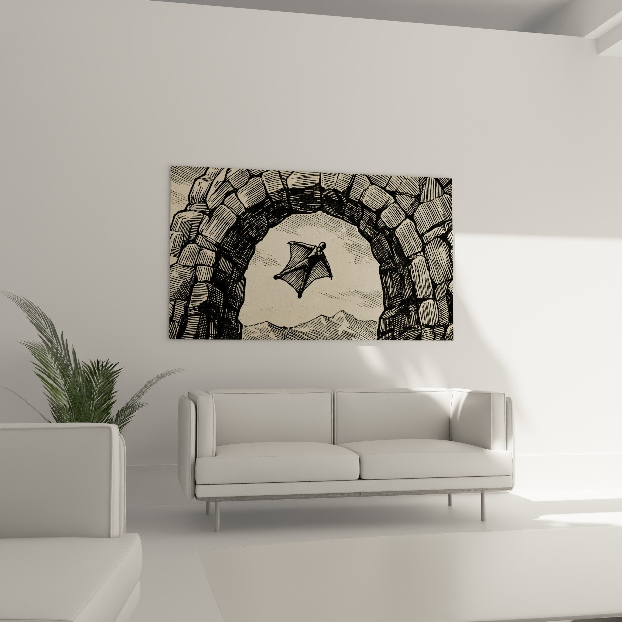 Detail gravure hachures croisees tunnel rocheux noir beige texture pierre wingsuiteur vol technique artistique