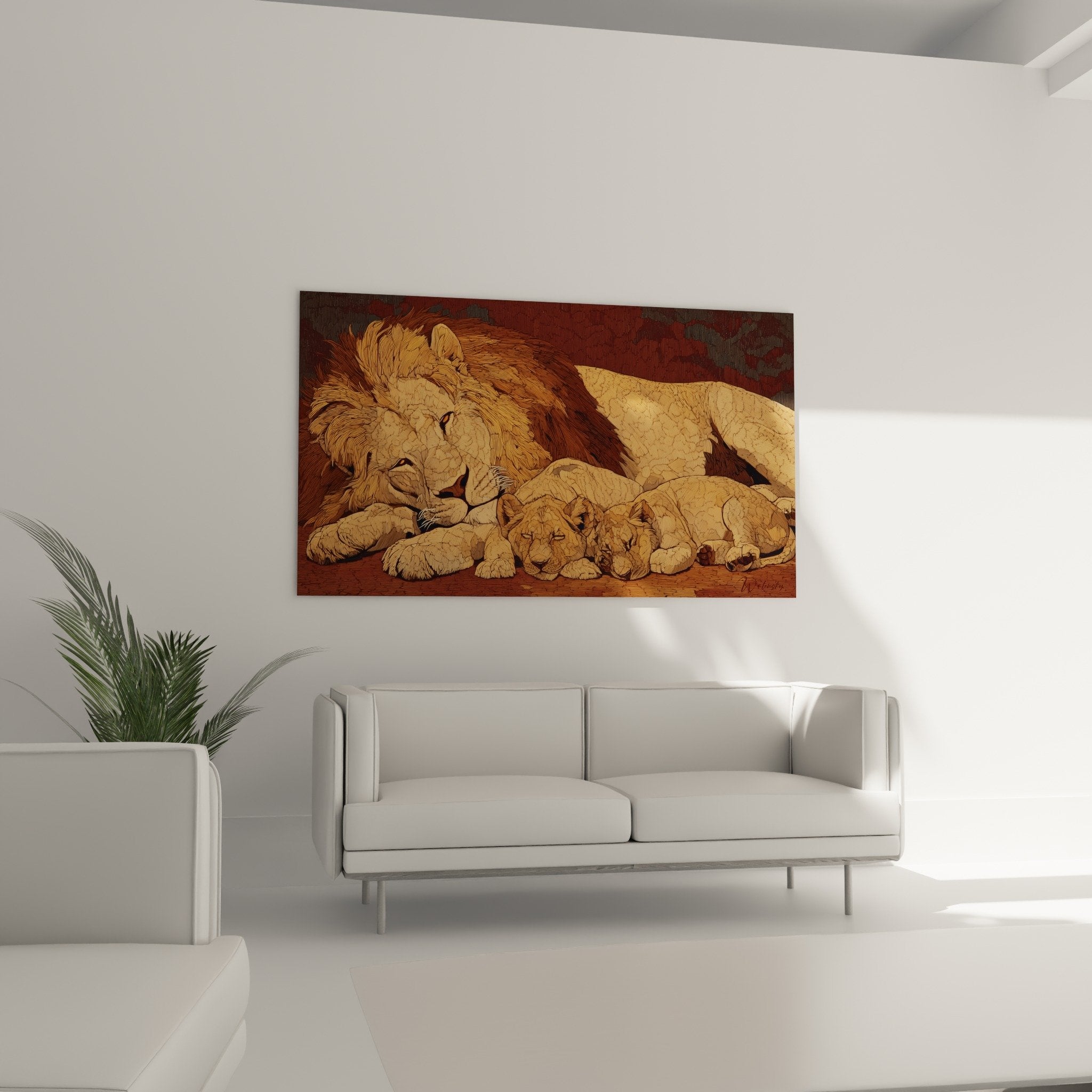 Détail gravure lion père crinière dorée lionceaux pelage ocre technique artisanale texture fine