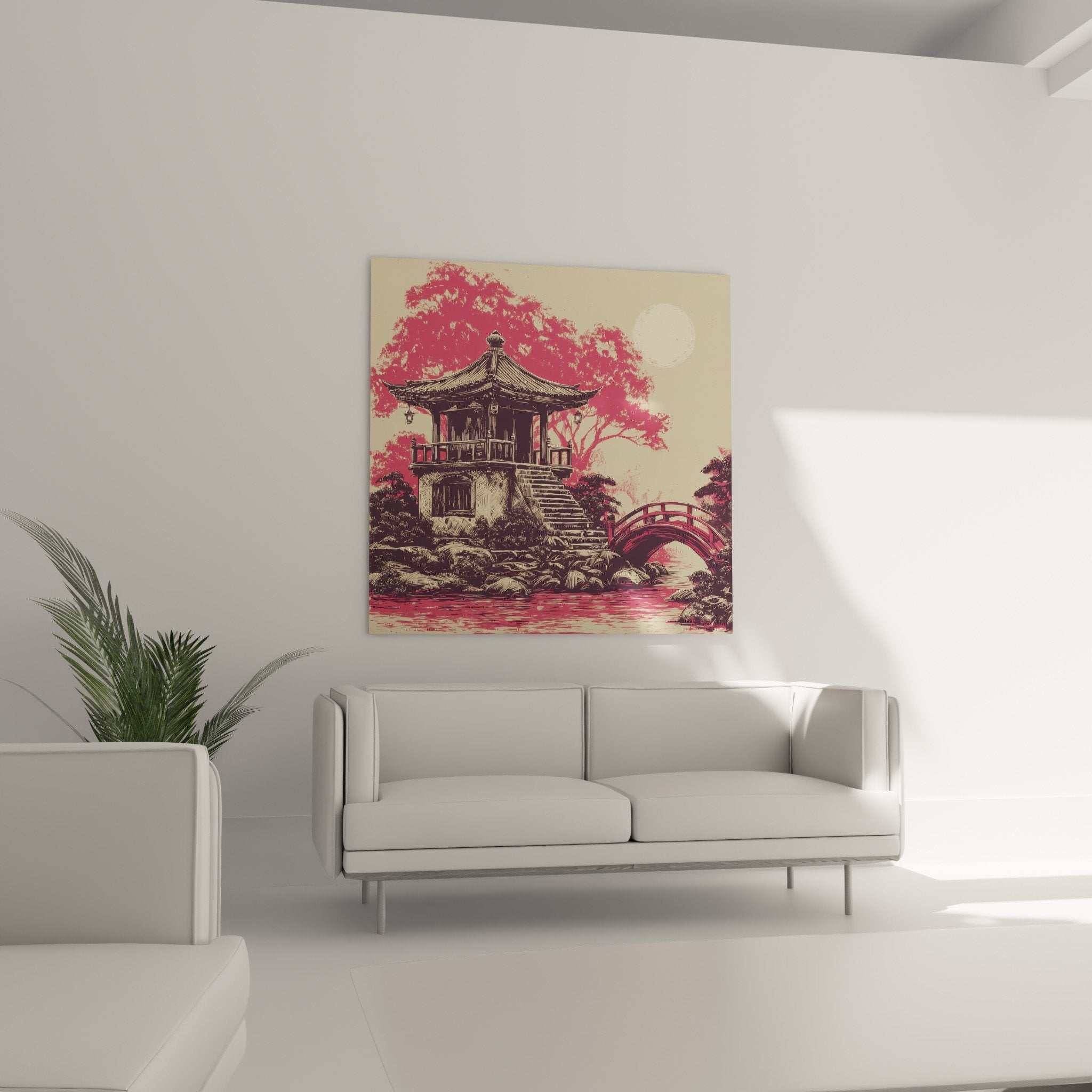 Détail gravure pagode japonaise traits sculptés tuiles architecture traditionnelle tons roses poudrés vintage