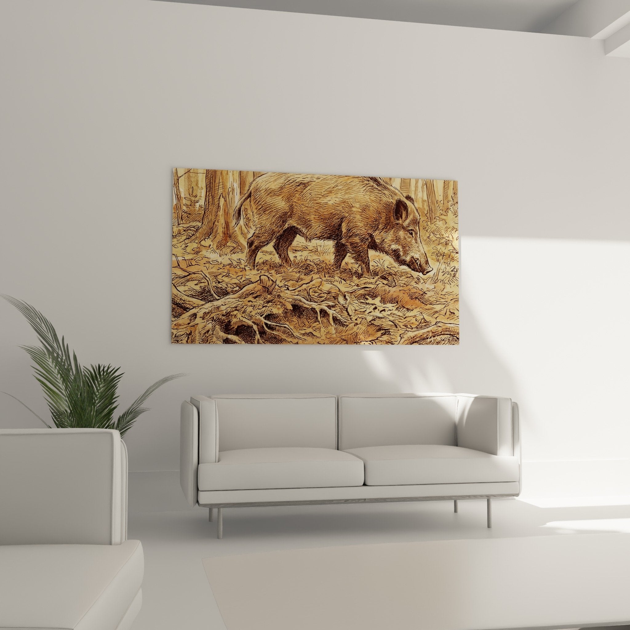 Wild boar engraving detail with reddish-brown fur golden fallen leaves naturalistic illustration artistic precision