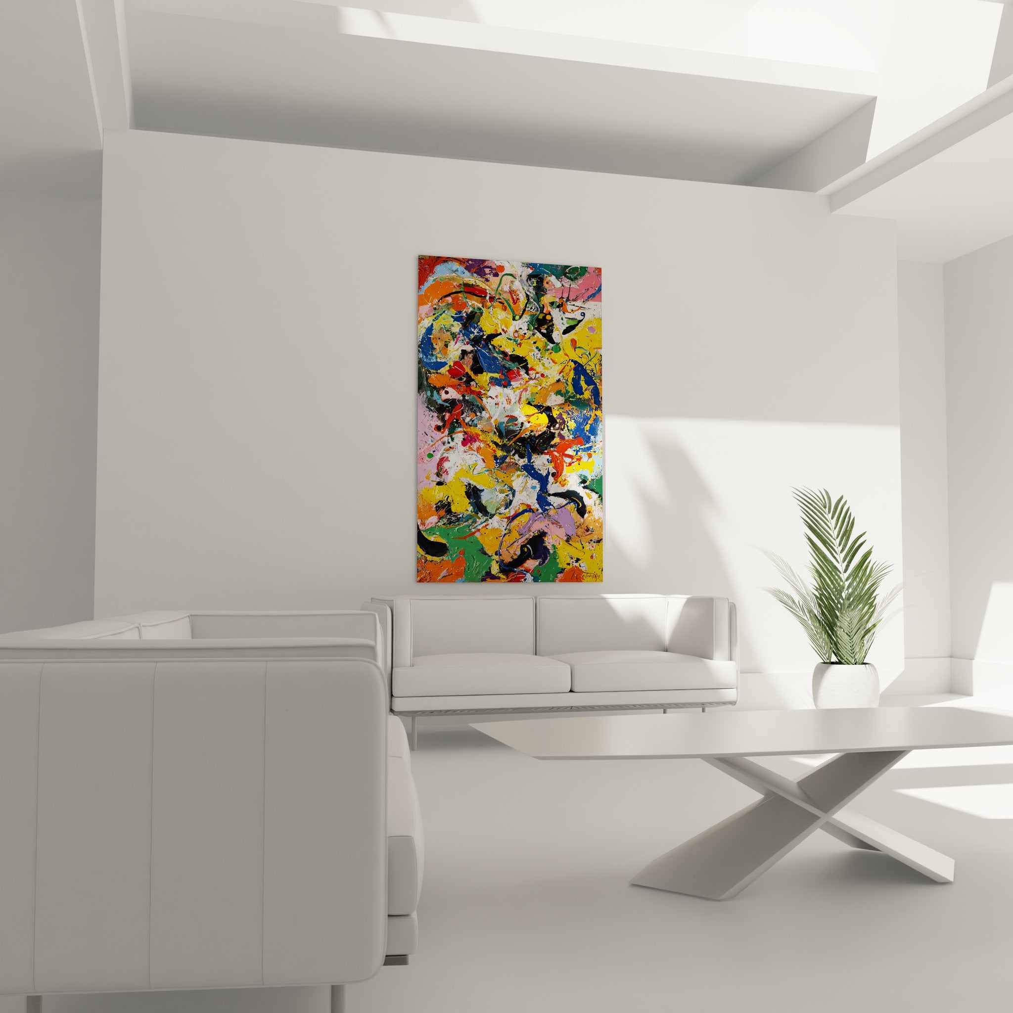Gros plan détail tableau abstrait explosion couleurs vives peinture texturée contemporaine