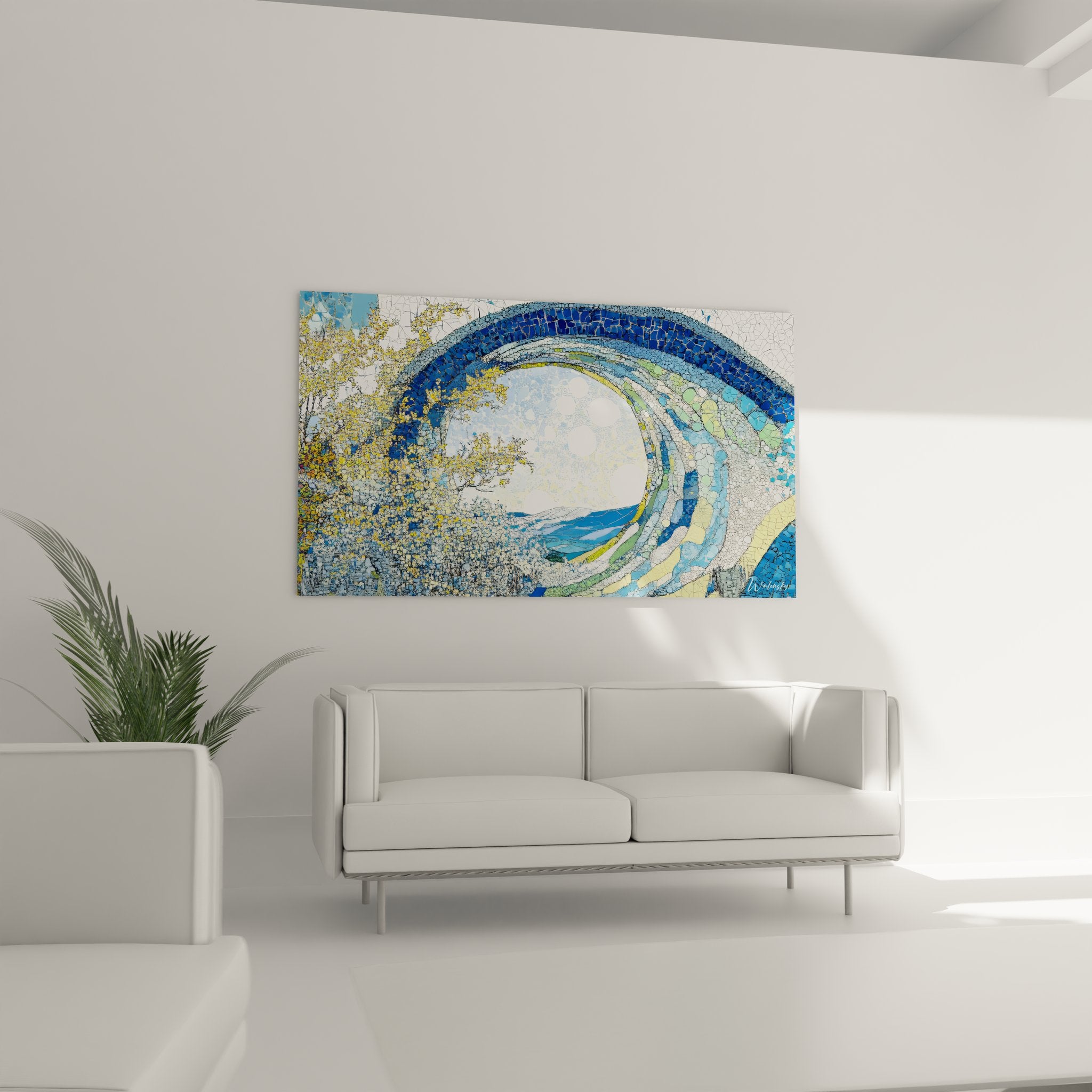 Détail gros plan tableau spirale vague mosaïque fragments bleus texture marine abstraite