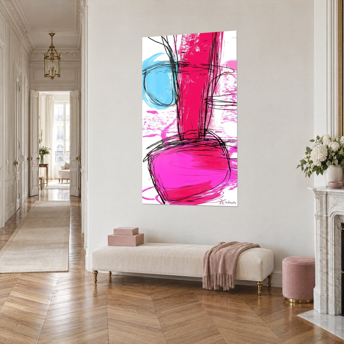 Wall art expressive in vivid pink and sky blue, black charcoal loops on white background, hung near a bench and a Haussmann-style corridor