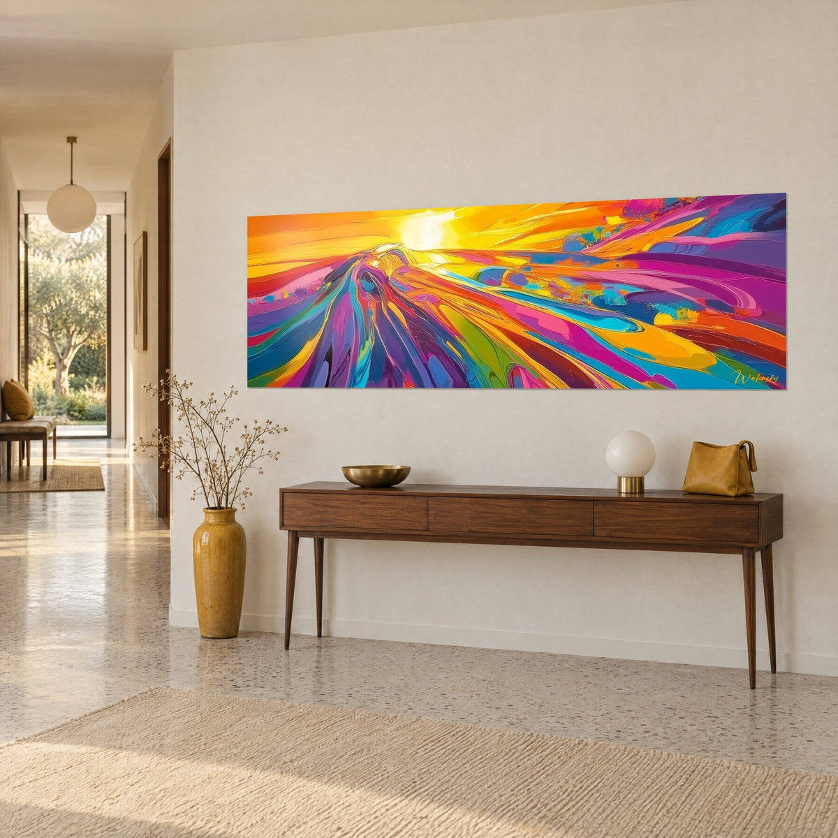 Tableau explosion créative en coulées épaisses orange et bleu, soleil doré à l'horizon, sur un mur beige près d'une console en bois
