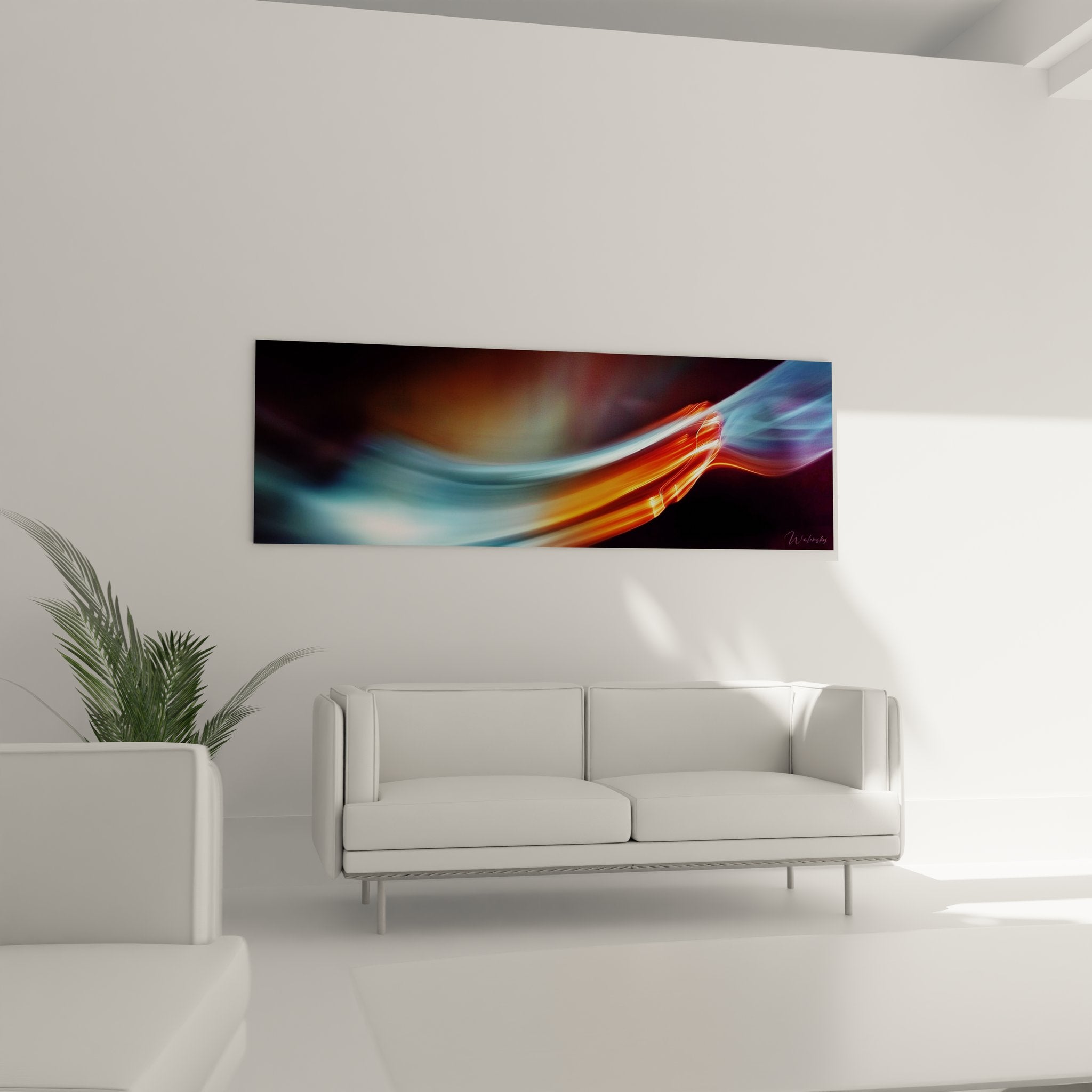 Gros plan détails tableau light painting effets lumineux abstraits couleurs bleu orange art moderne