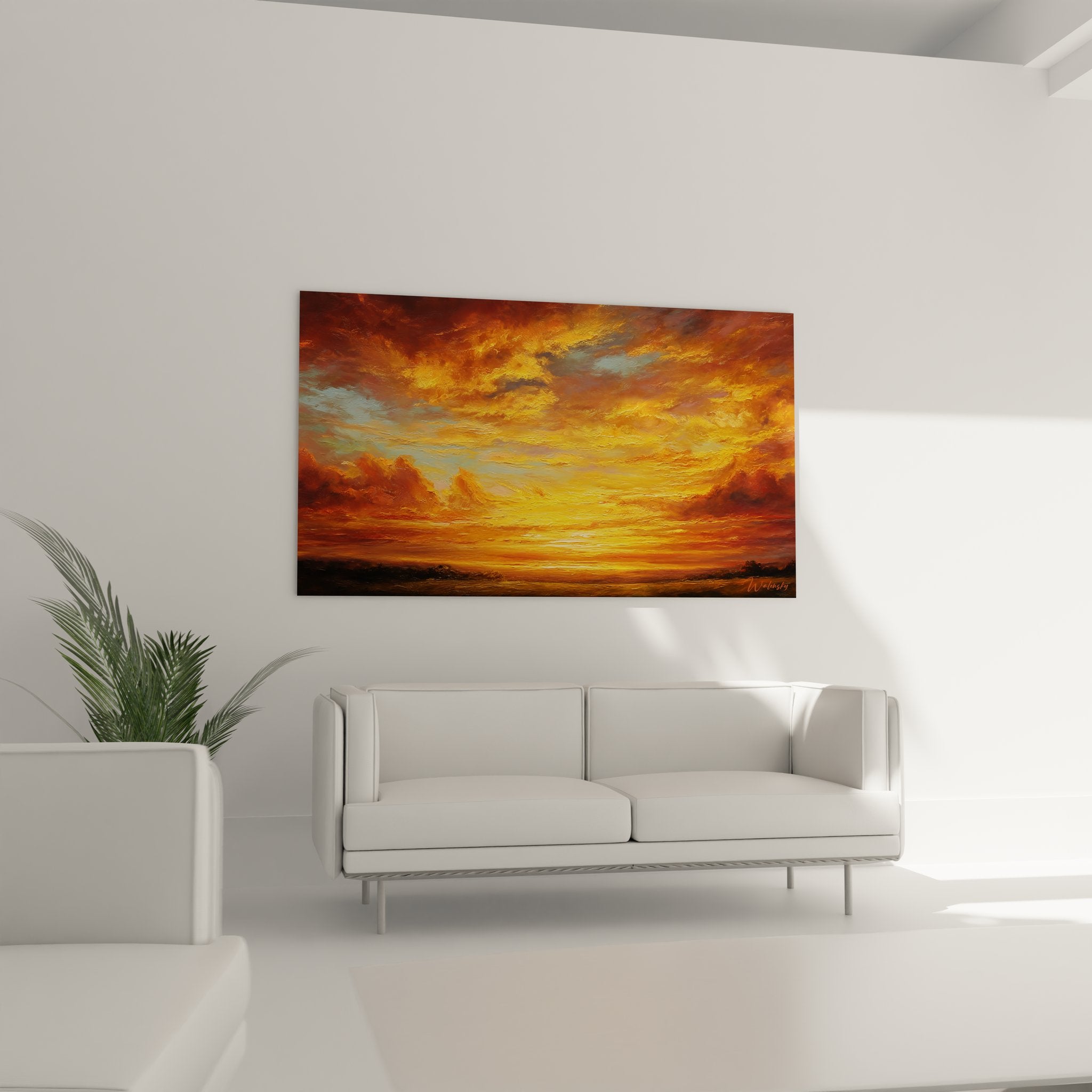 Détail gros plan tableau paysage maritime montrant les nuances de couleurs du coucher de soleil sur l'eau