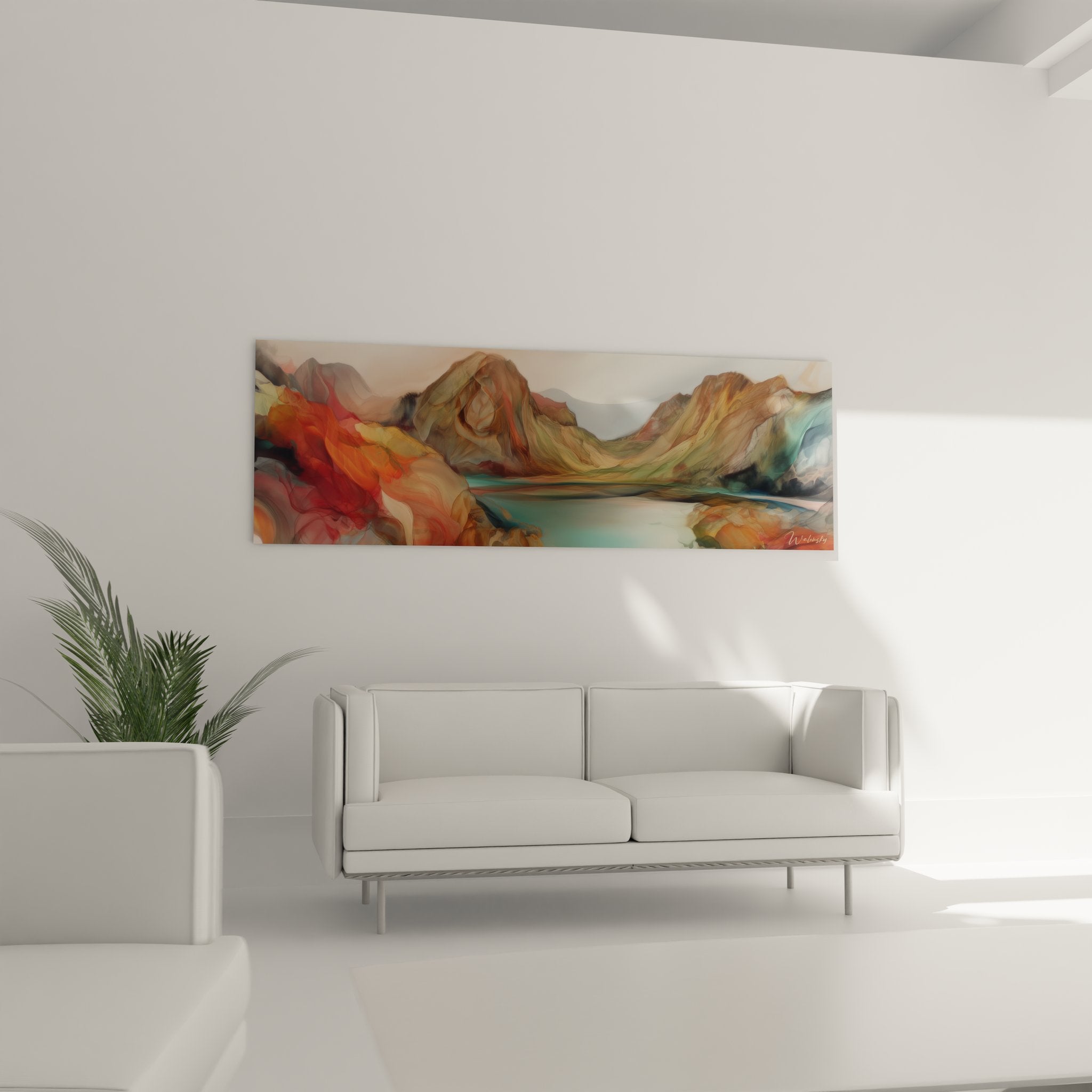 Gros plan détail tableau paysage montagne couleurs vives rouge ocre bleu turquoise technique picturale moderne