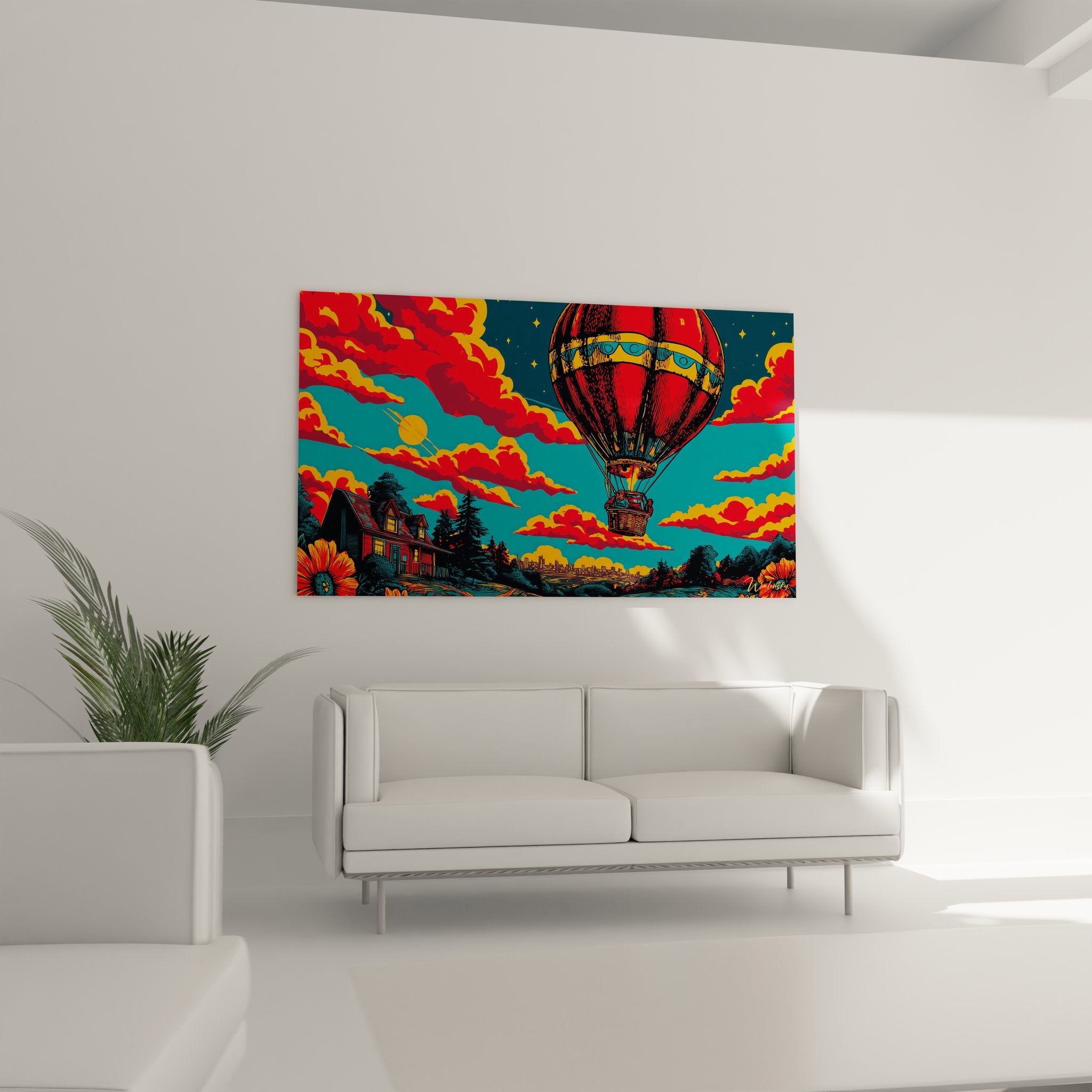 Gros plan détail tableau montgolfière montrant texture peinture et couleurs flamboyantes rouge orange