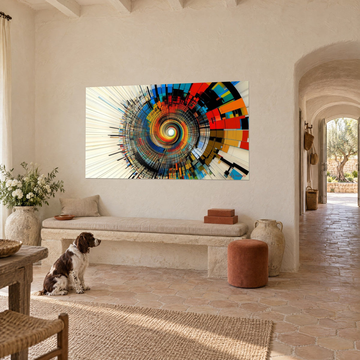 Wall art pixel vortex in bright red and mustard yellow, a spaniel sitting on the tiles, Provençal farmhouse, three-quarter view