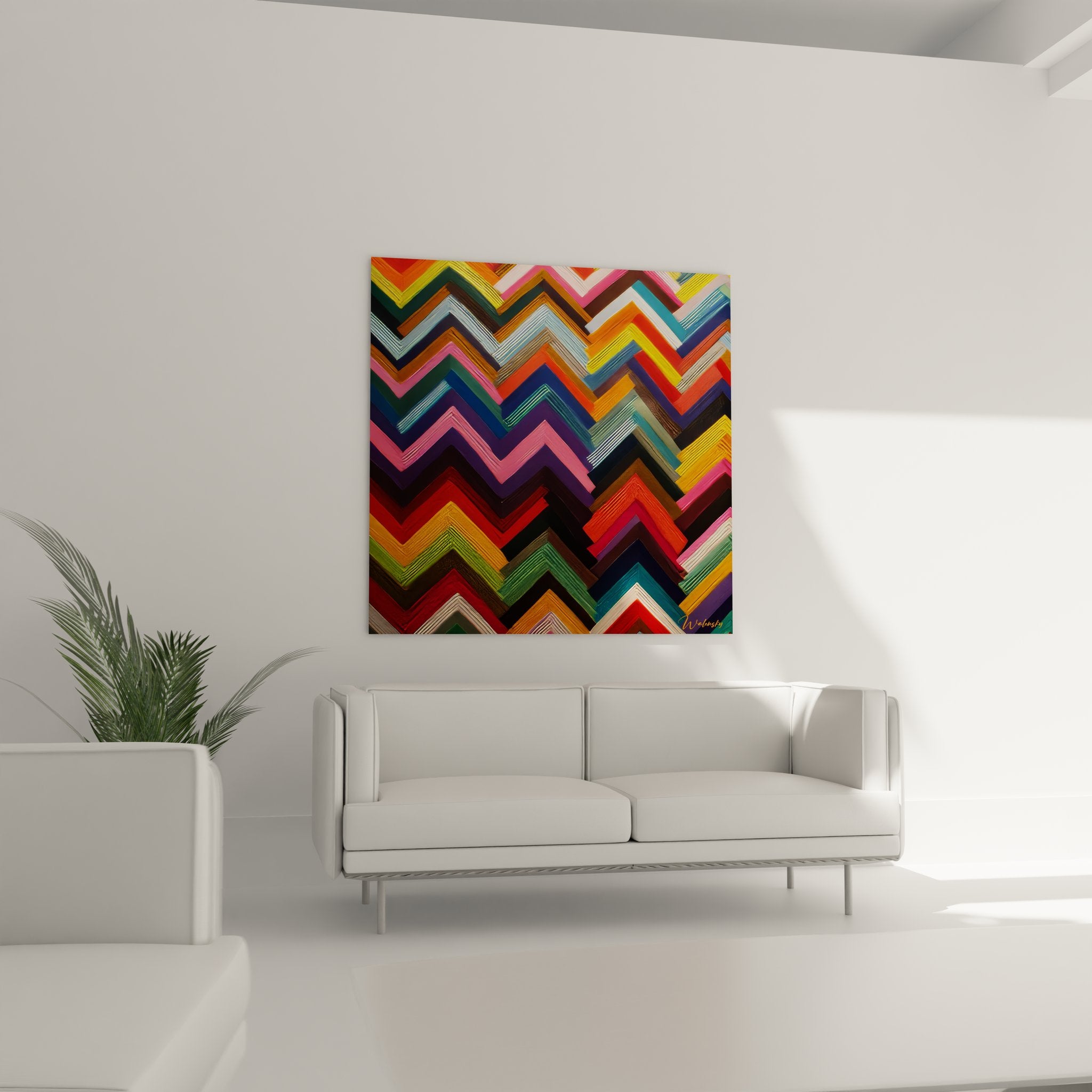 Gros plan détail tableau art tribal motifs géométriques chevrons texture relief couleurs vives