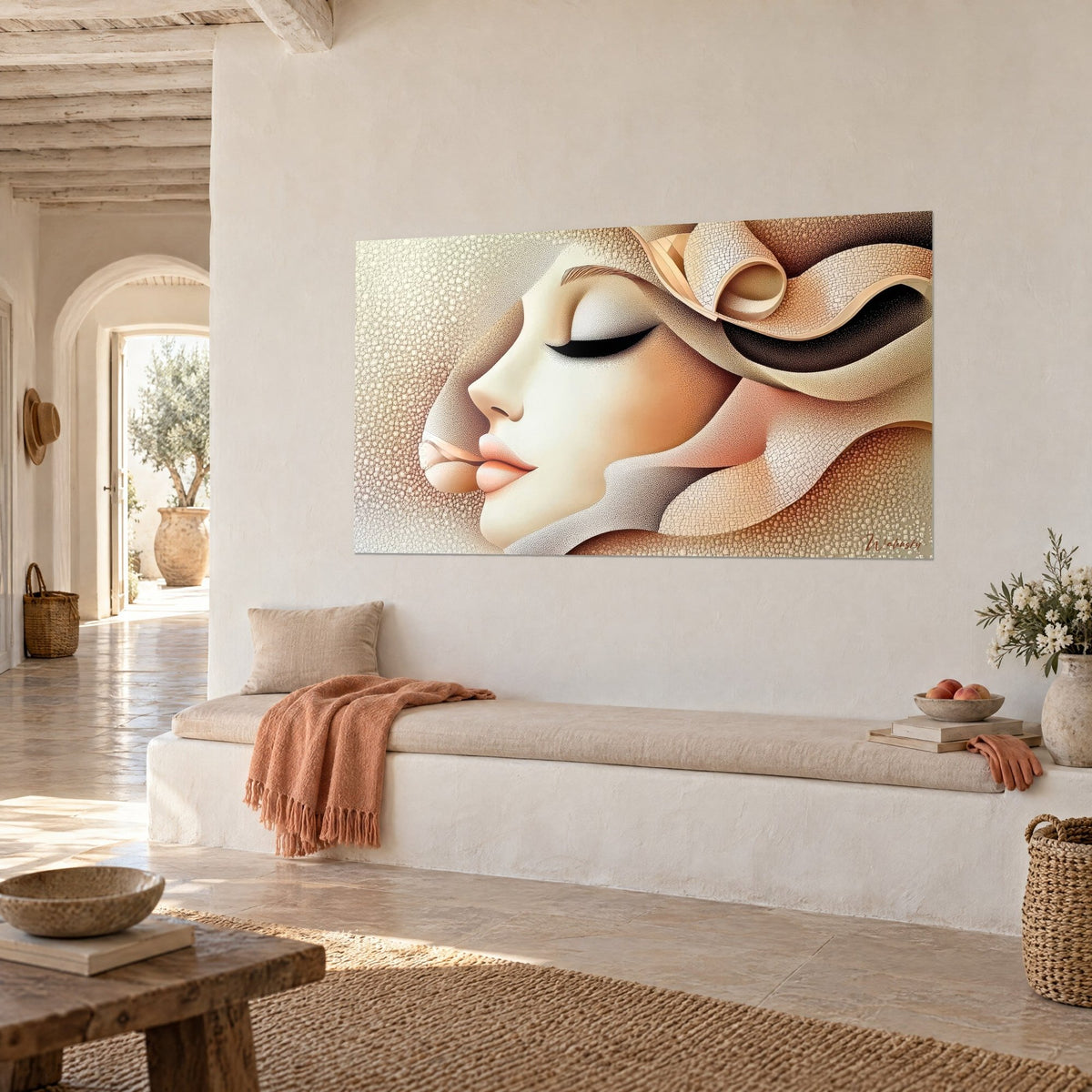 Wall art stylized female portrait in beige mosaic, coral lips, golden swirls, three-quarter view on a lime-white wall